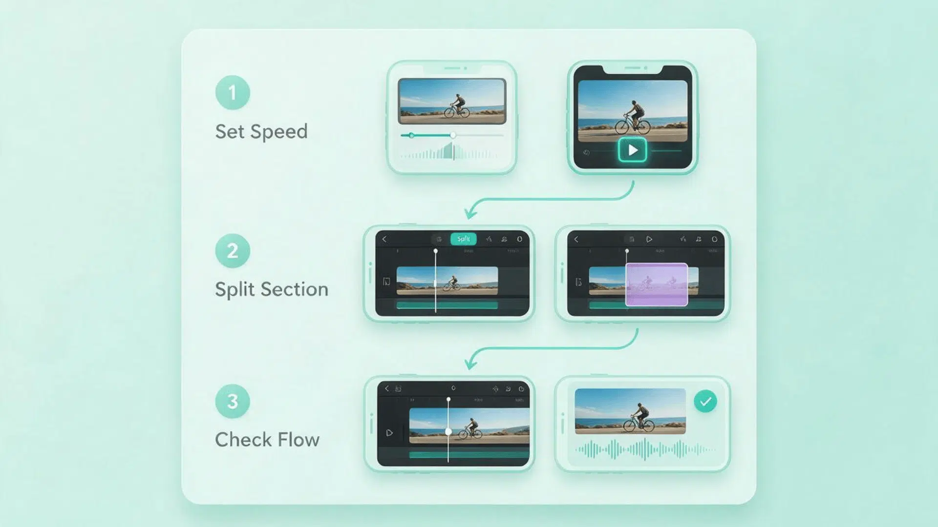 iphone video editing steps showing speed adjustment, splitting sections, and checking video flow for smoother playback