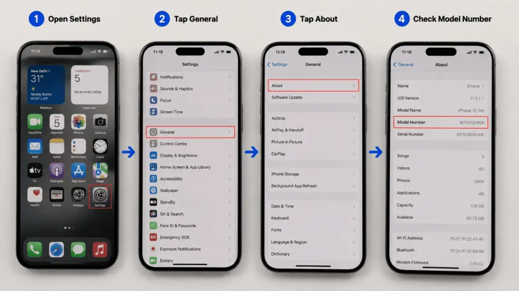 iPhone settings steps to find the model number.