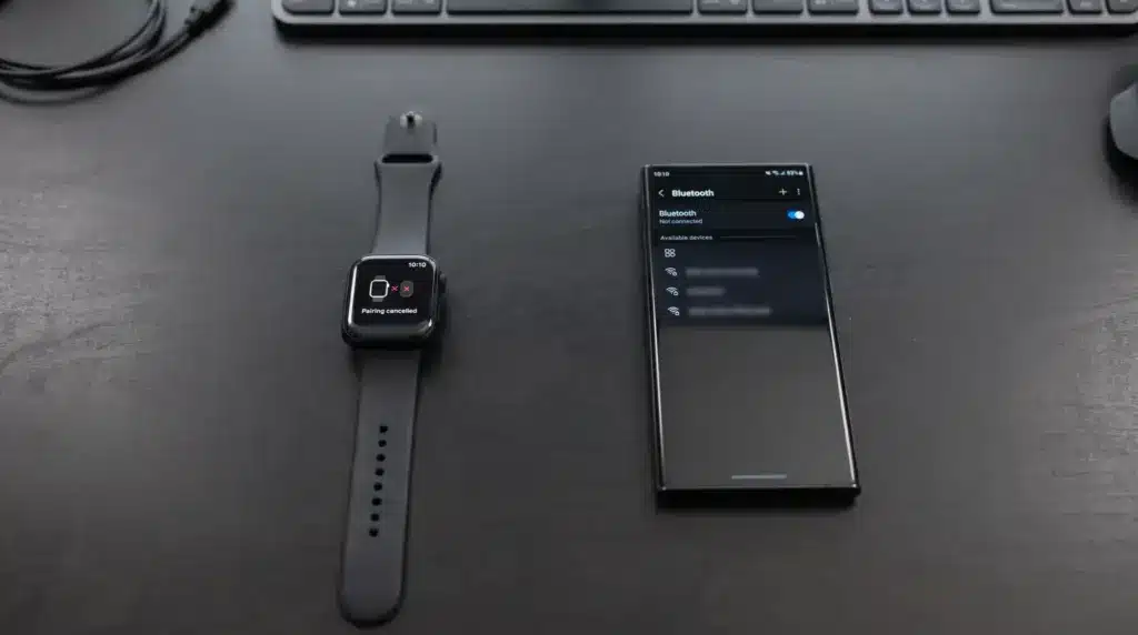 Apple Watch and Android phone separated after an unsuccessful pairing attempt.