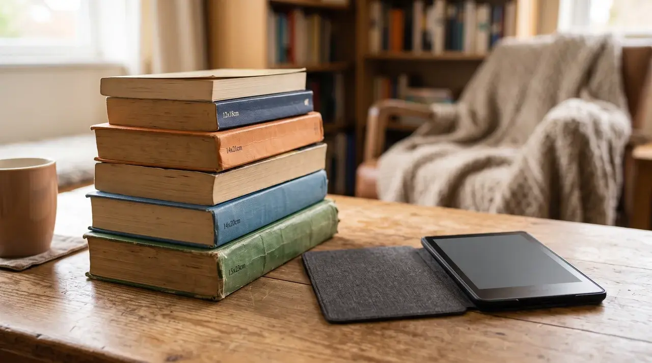 tablet with blank screen beside a stack of five closed books