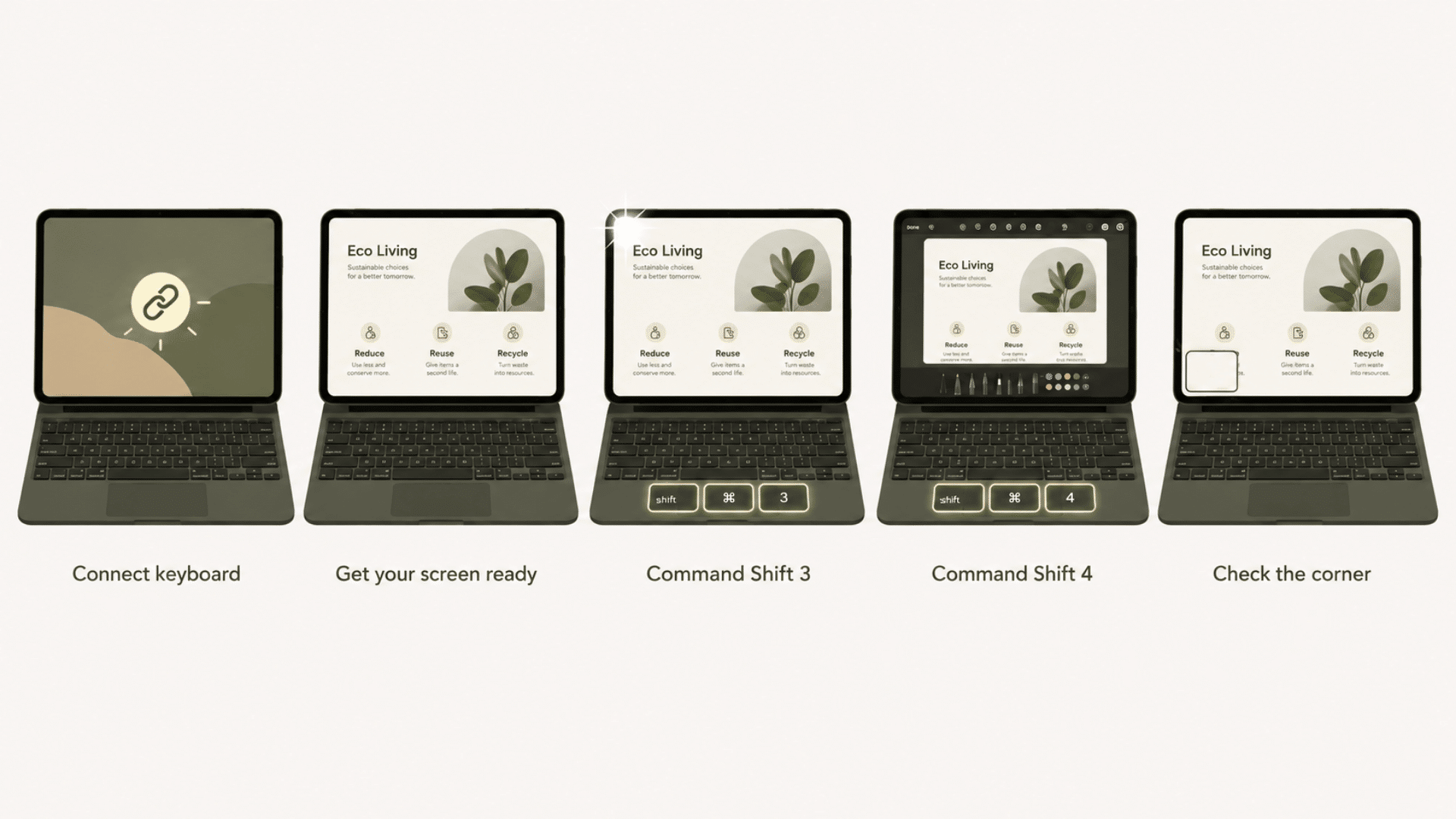 keyboard shortcut method showing command shift 3 and command shift 4 to take a screenshot on an ipad