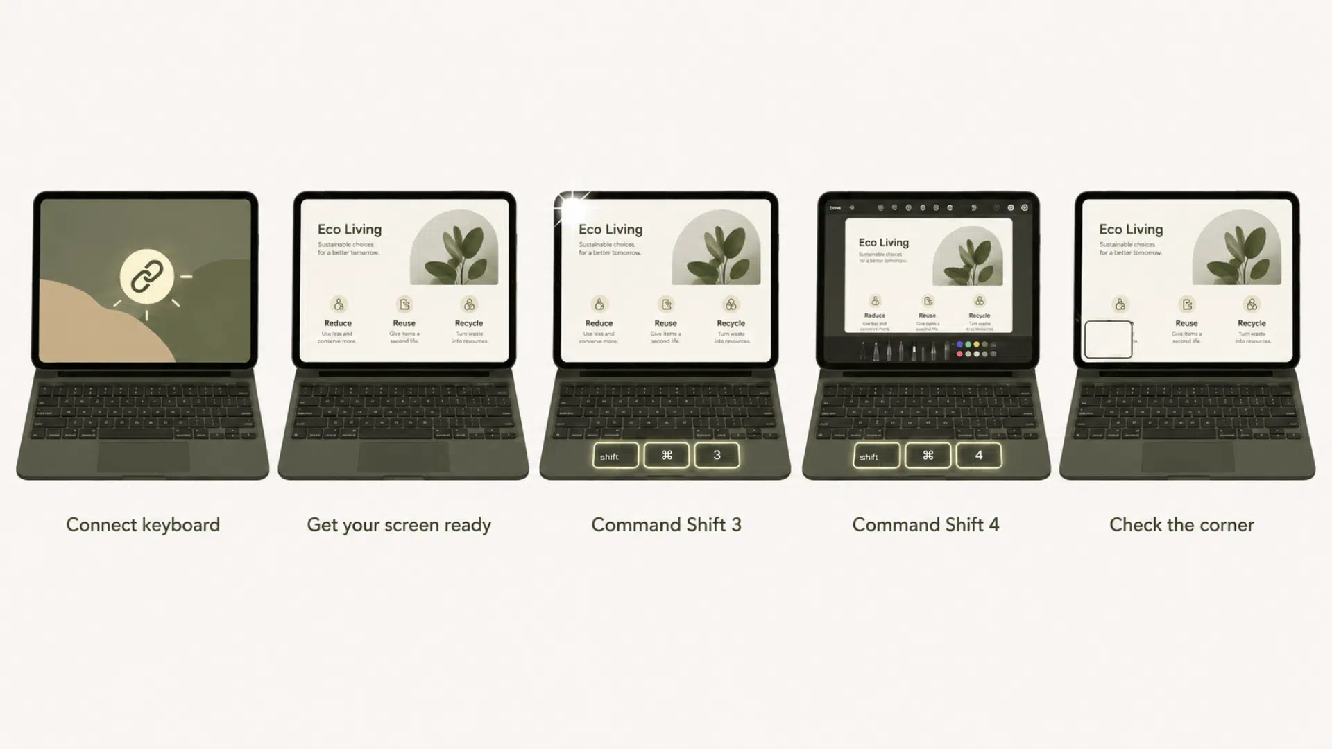 keyboard shortcut method showing command shift 3 and command shift 4 to take a screenshot on an ipad