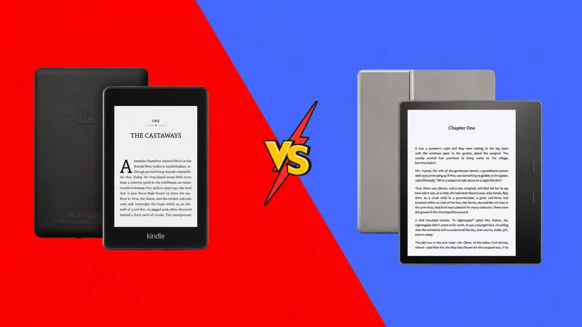 Kindle Paperwhite and Kindle Oasis on red and blue backgrounds with a bold “VS” graphic between them.