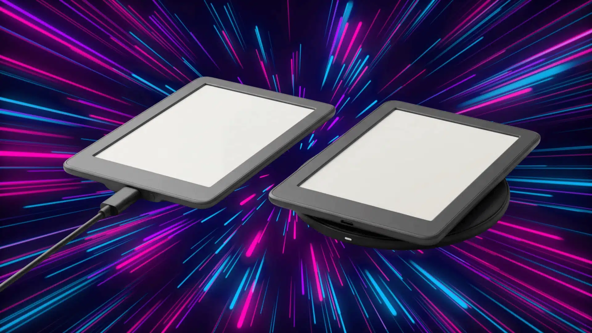 Two matching e-readers distinguished by USB-C and wireless charging setups