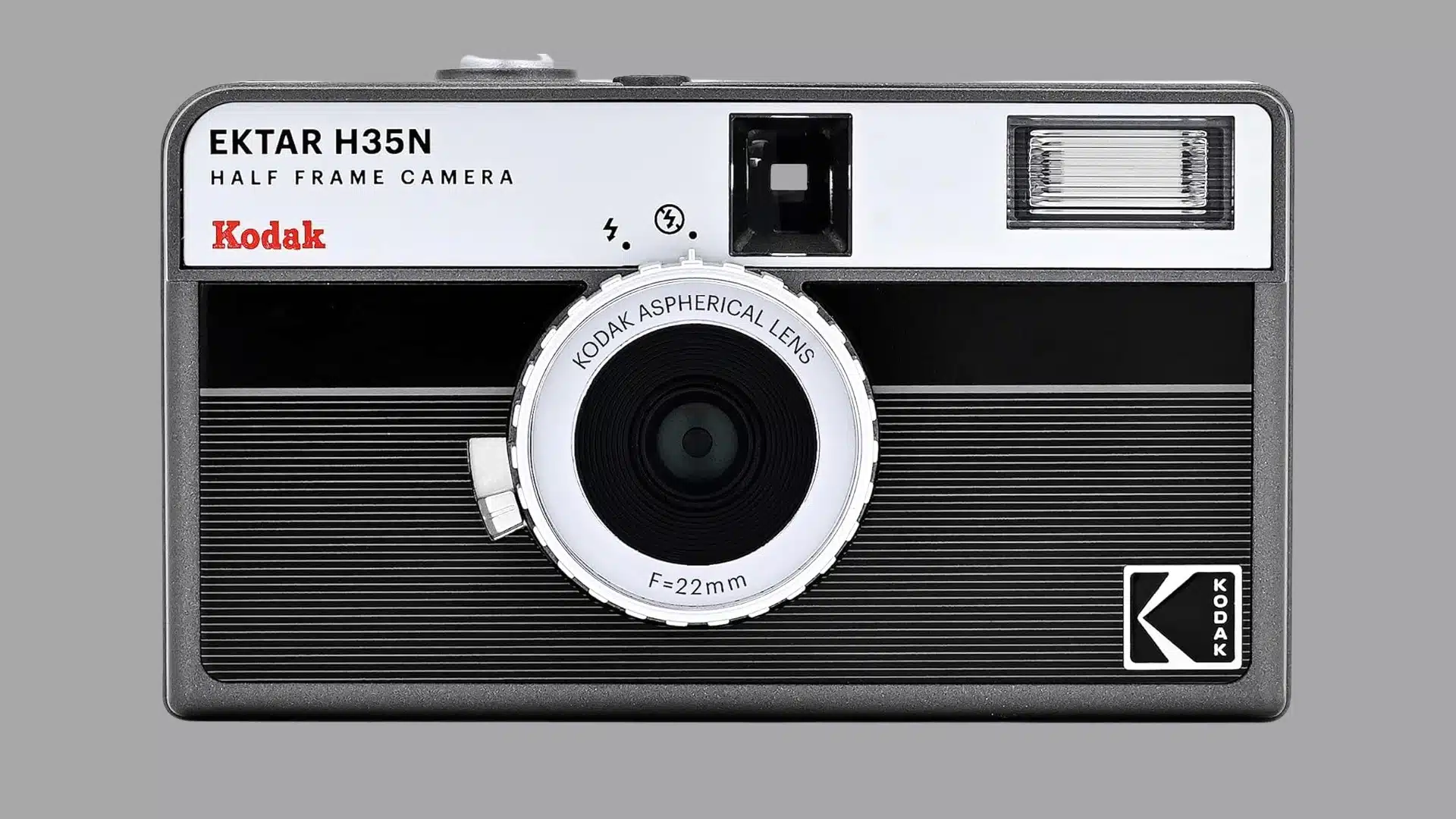 Front view of a black-and-white Kodak Ektar H35N half-frame film camera with a 22mm lens and built-in flash.