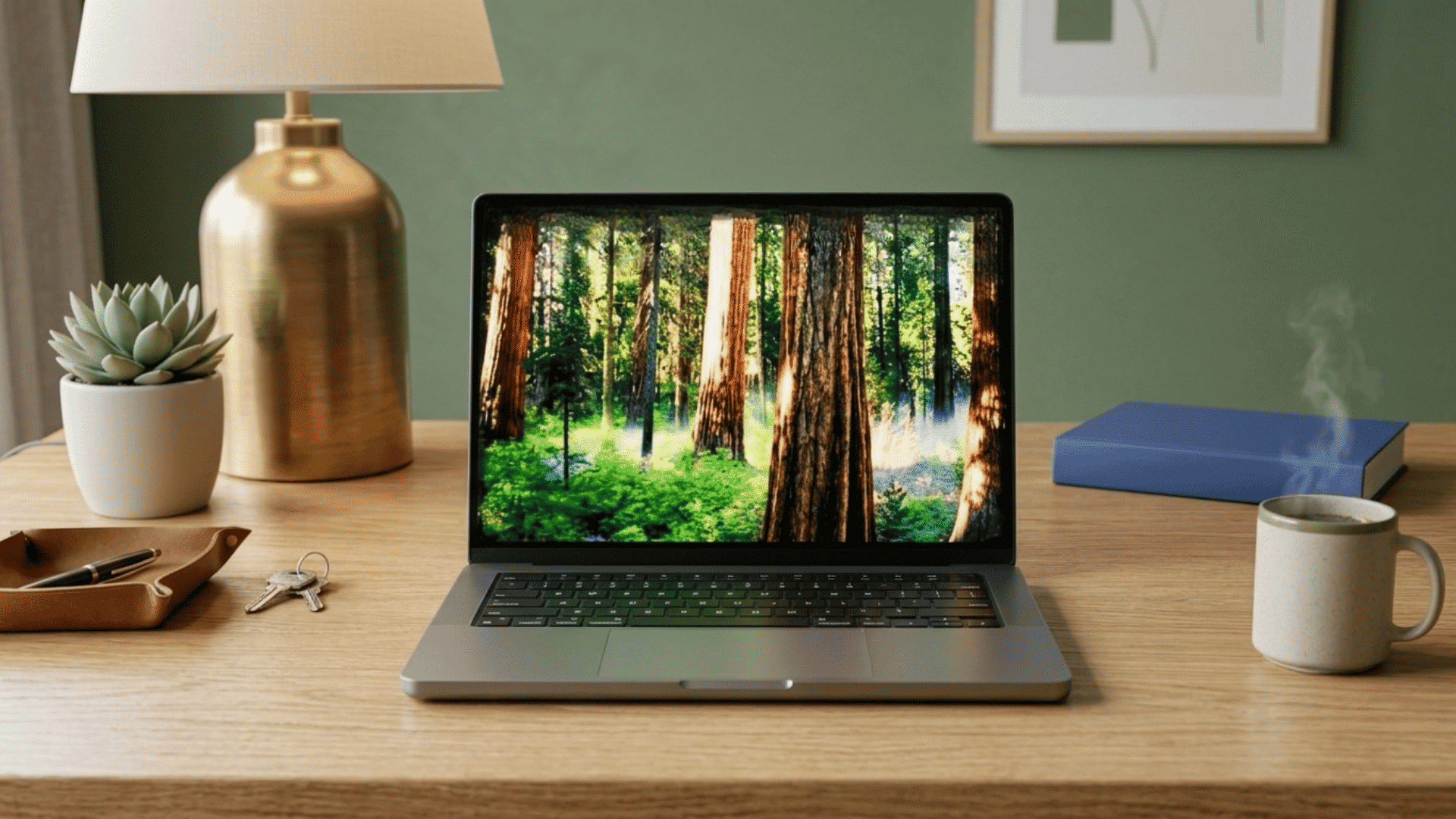 macbook resting on a clean wooden table with its screen open in a bright and simple modern workspace