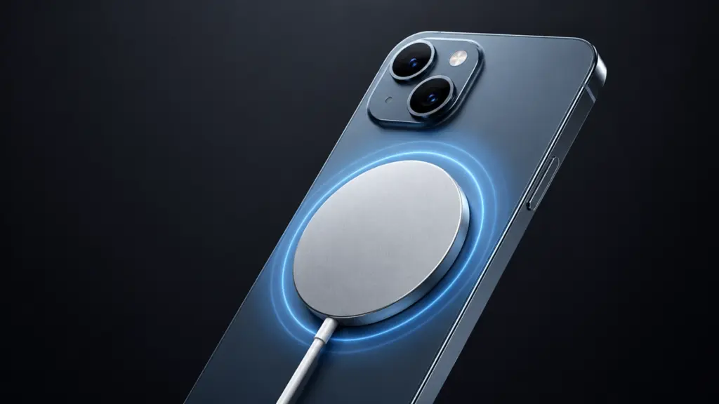 Blue iPhone 14 attached to a MagSafe charger with glowing rings on a dark background