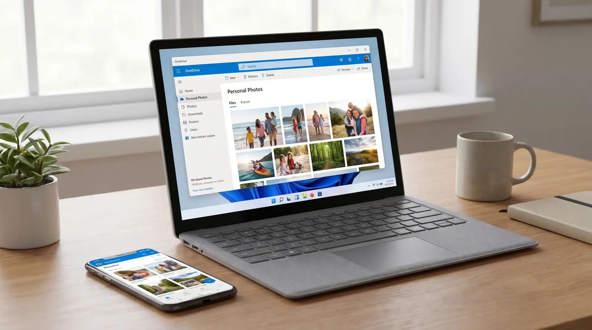 Windows laptop showing OneDrive photo storage integrated with Microsoft 365 services