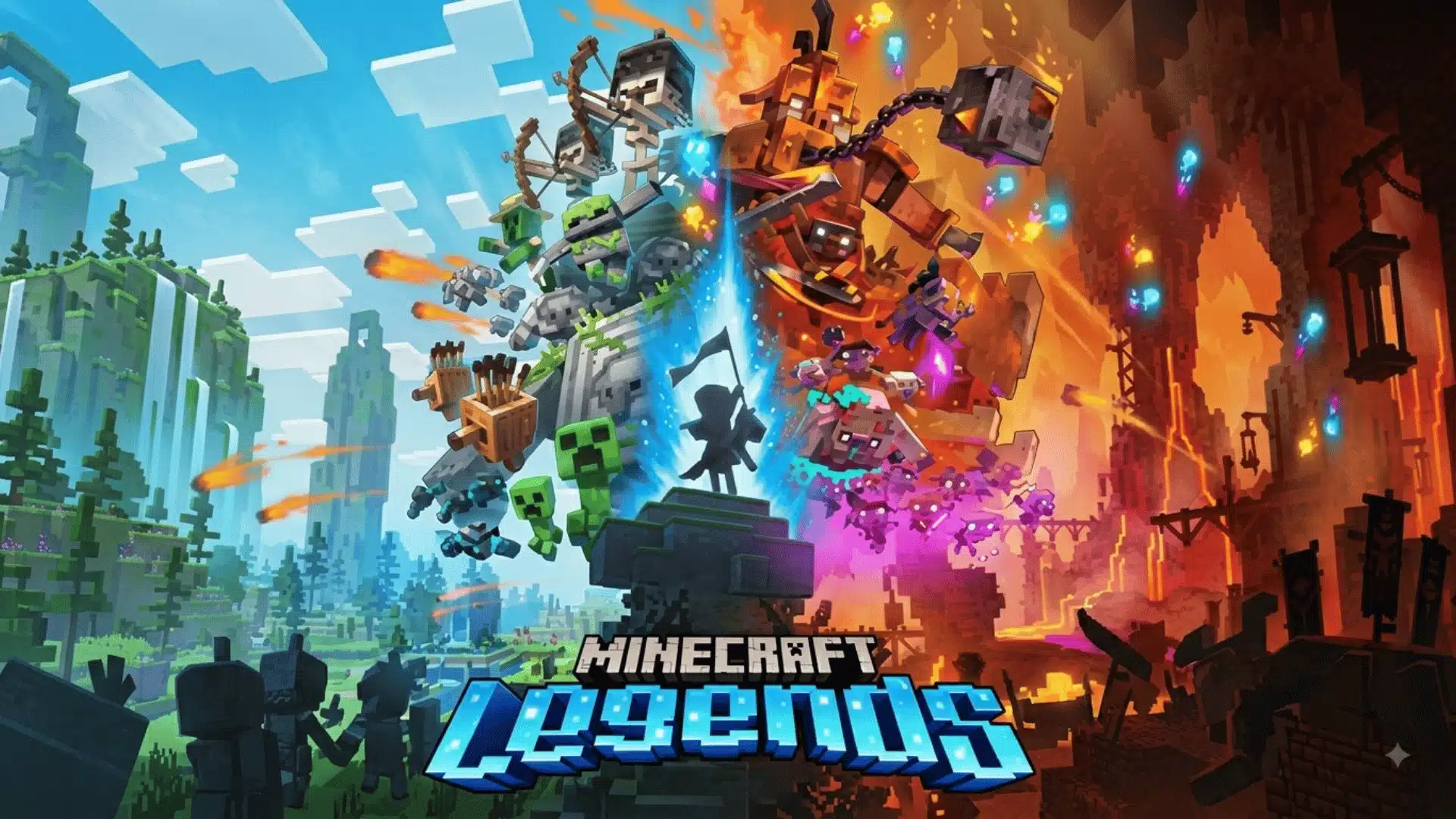 Minecraft Legends artwork with blocky heroes, skeletons and monsters clashing between the Overworld and fiery Nether.