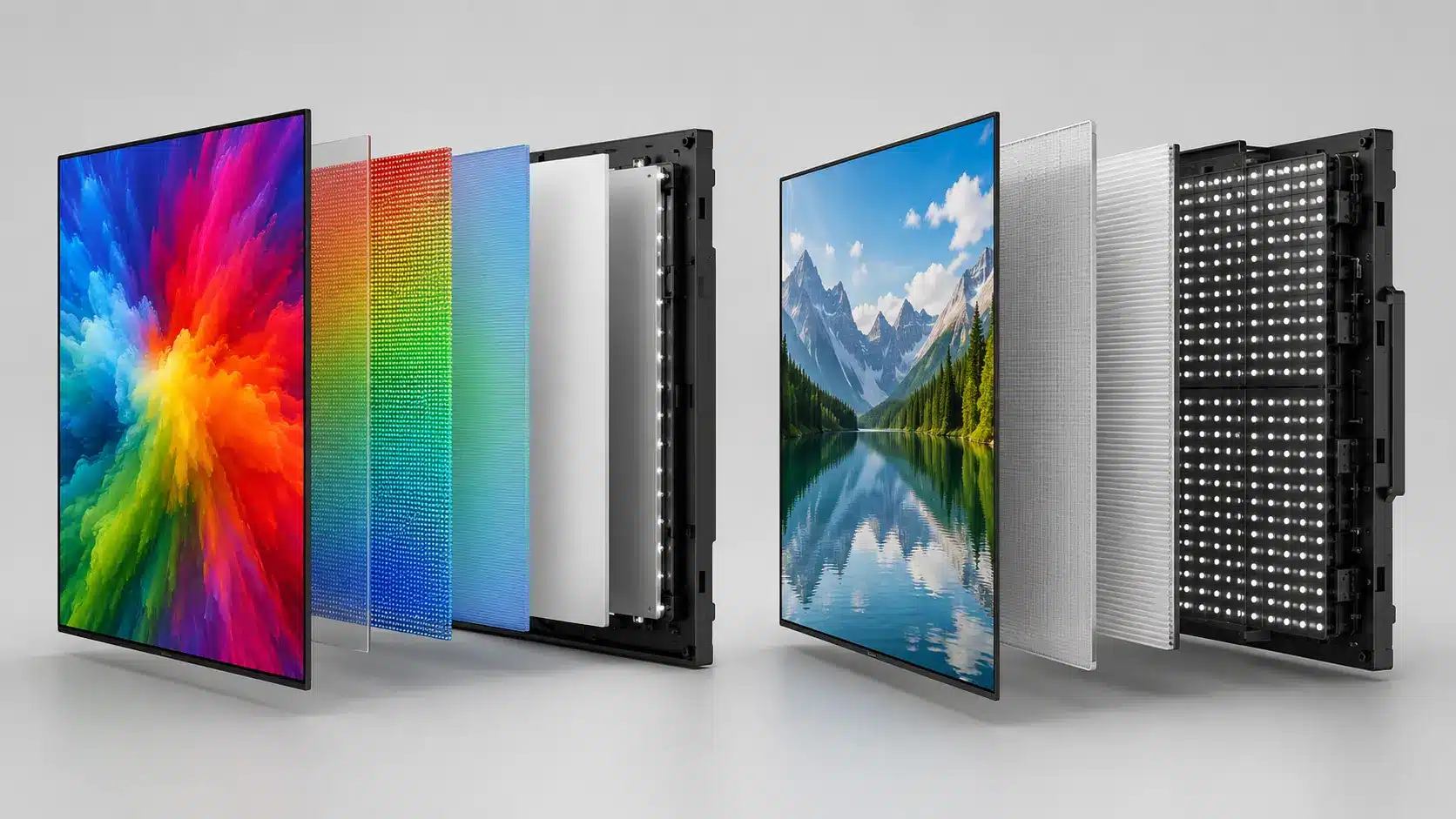 QLED quantum-dot panel beside a Mini LED backlight array showing the difference between the two TV technologies.