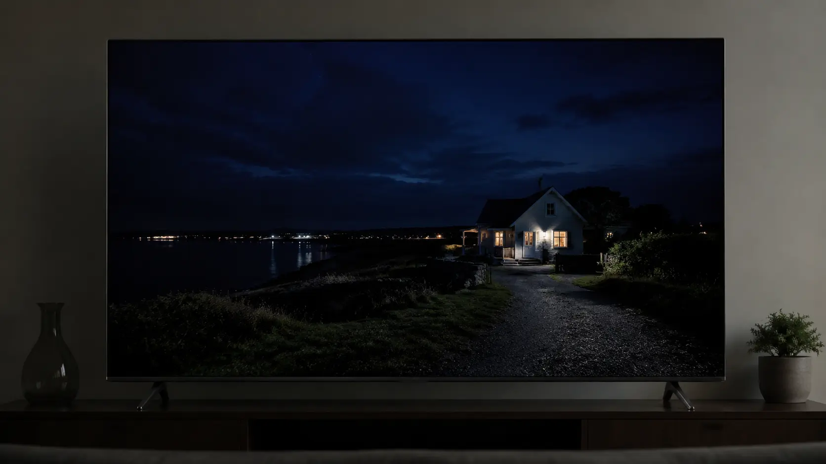 Television showing a nighttime movie scene with dark areas and controlled bright highlights.