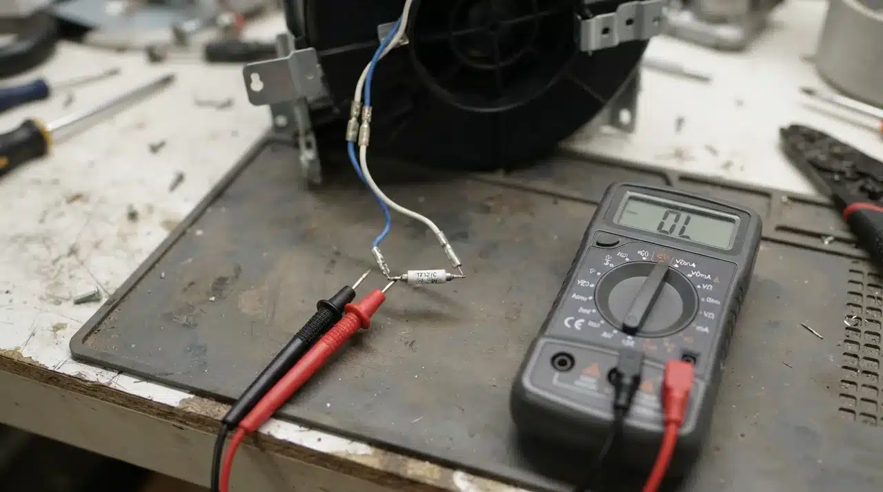 Multimeter probes testing a thermal fuse for continuity