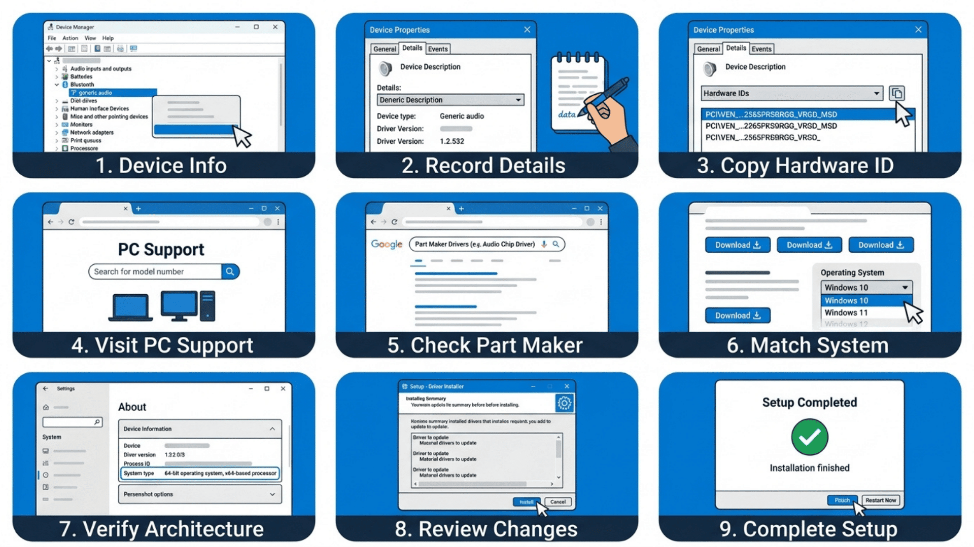 nine panel infographic showing how to identify download verify and install a compatible windows device driver