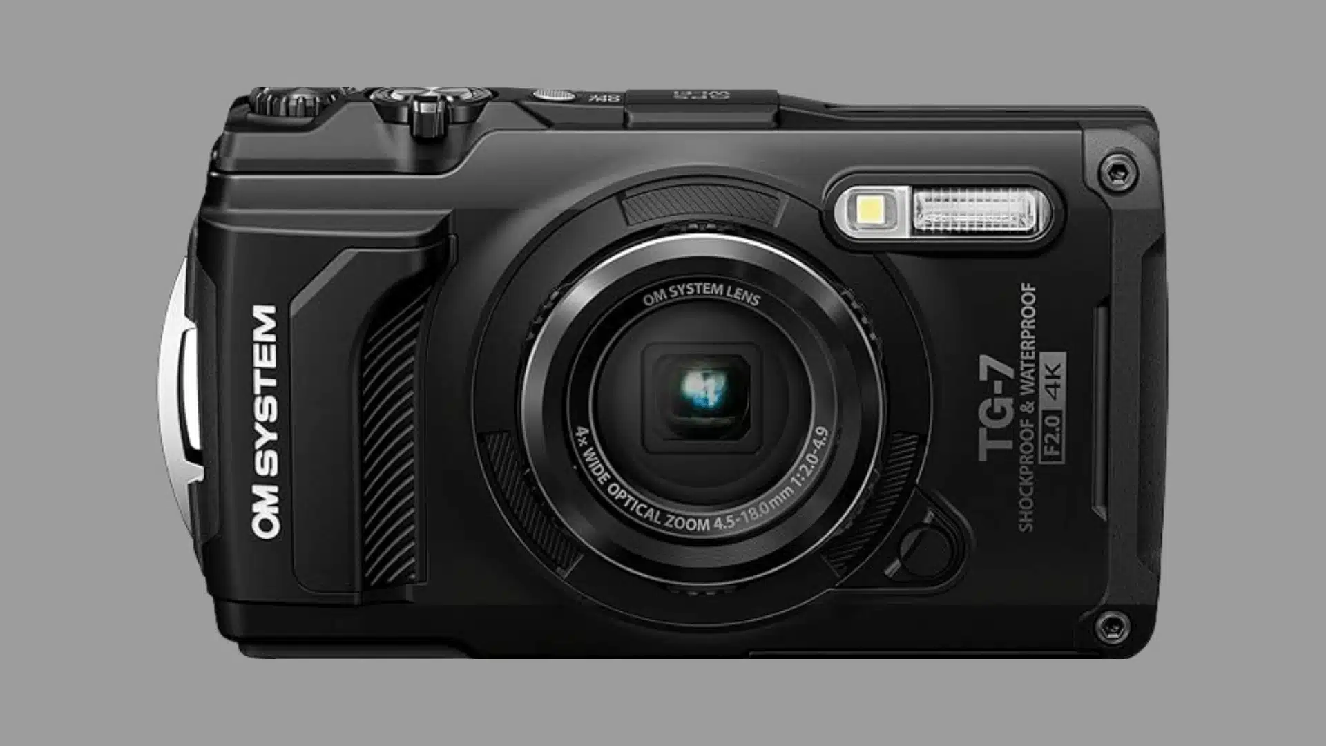 Front view of a black OM System TG-7 rugged waterproof compact camera with a built-in lens and flash.