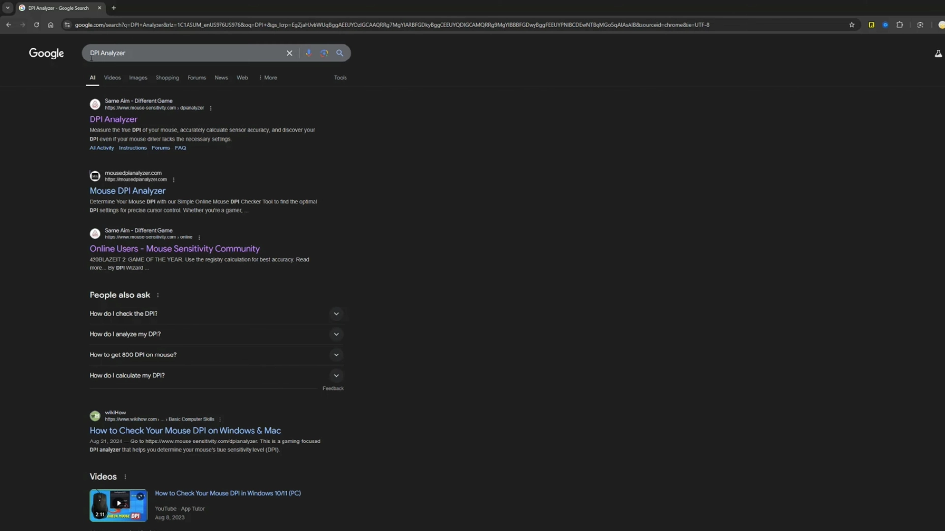 Google search results for DPI Analyzer showing online mouse testing tools and guides