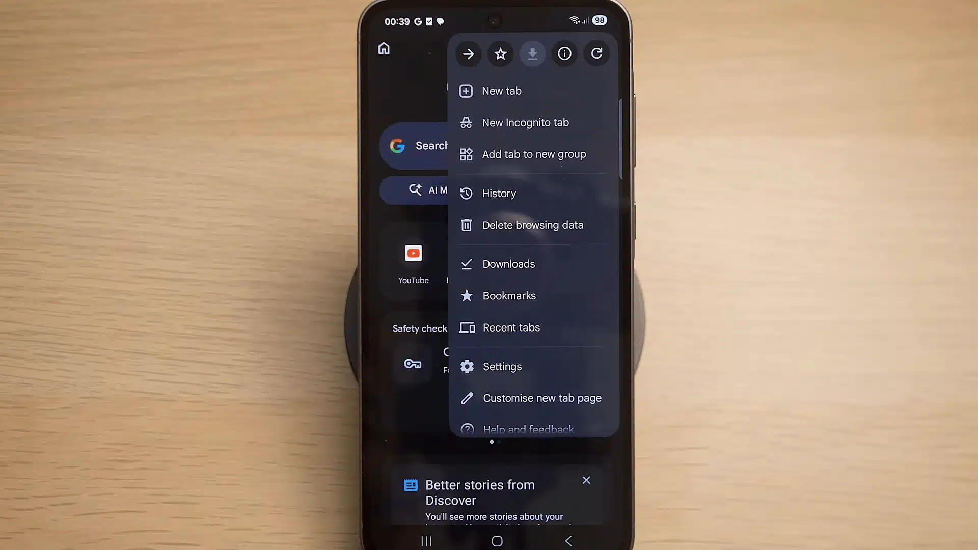 Chrome app menu showing History option to clear Android browser data