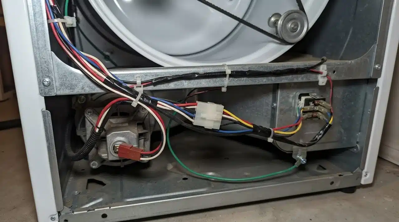 Open dryer panel showing internal wiring harness and connectors