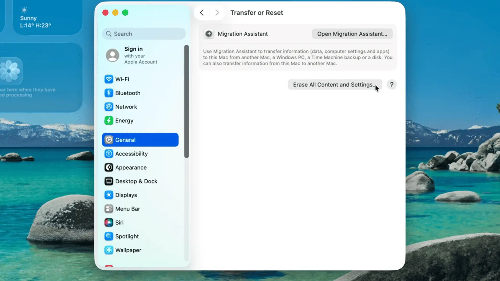 Mac System Settings showing Transfer or Reset with the Erase All Content and Settings option