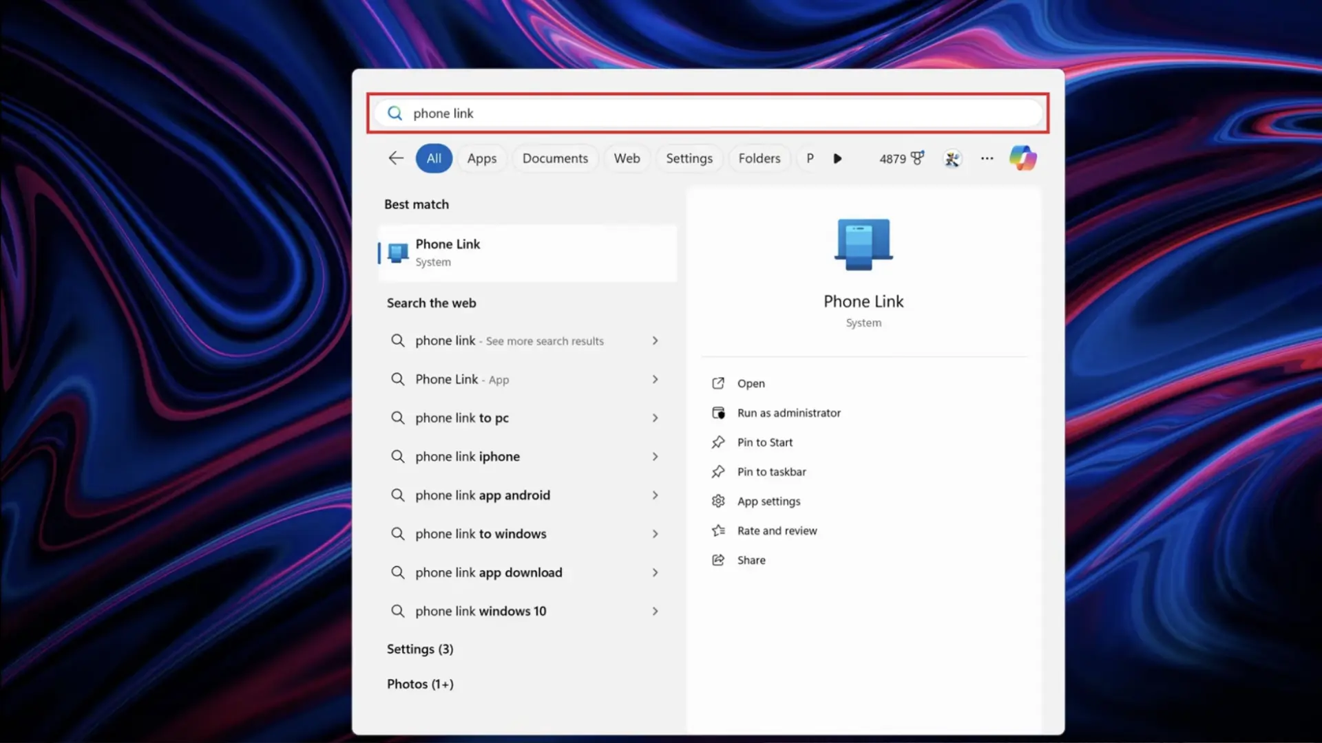 Windows Start menu search showing Phone Link app result, ready to be opened to begin connecting an iPhone to a Windows computer