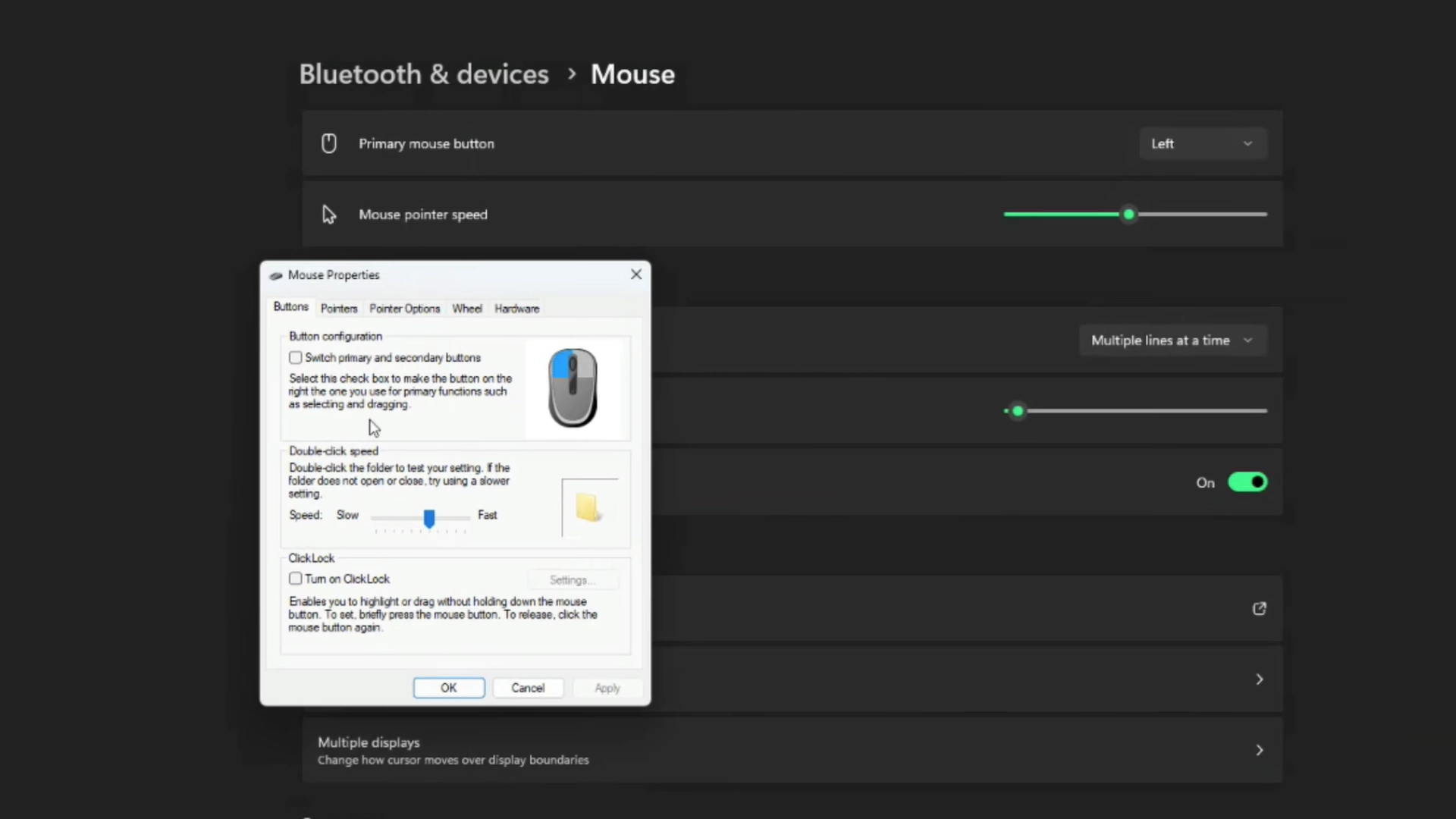 Windows 11 Mouse Properties window open over Bluetooth and devices mouse settings