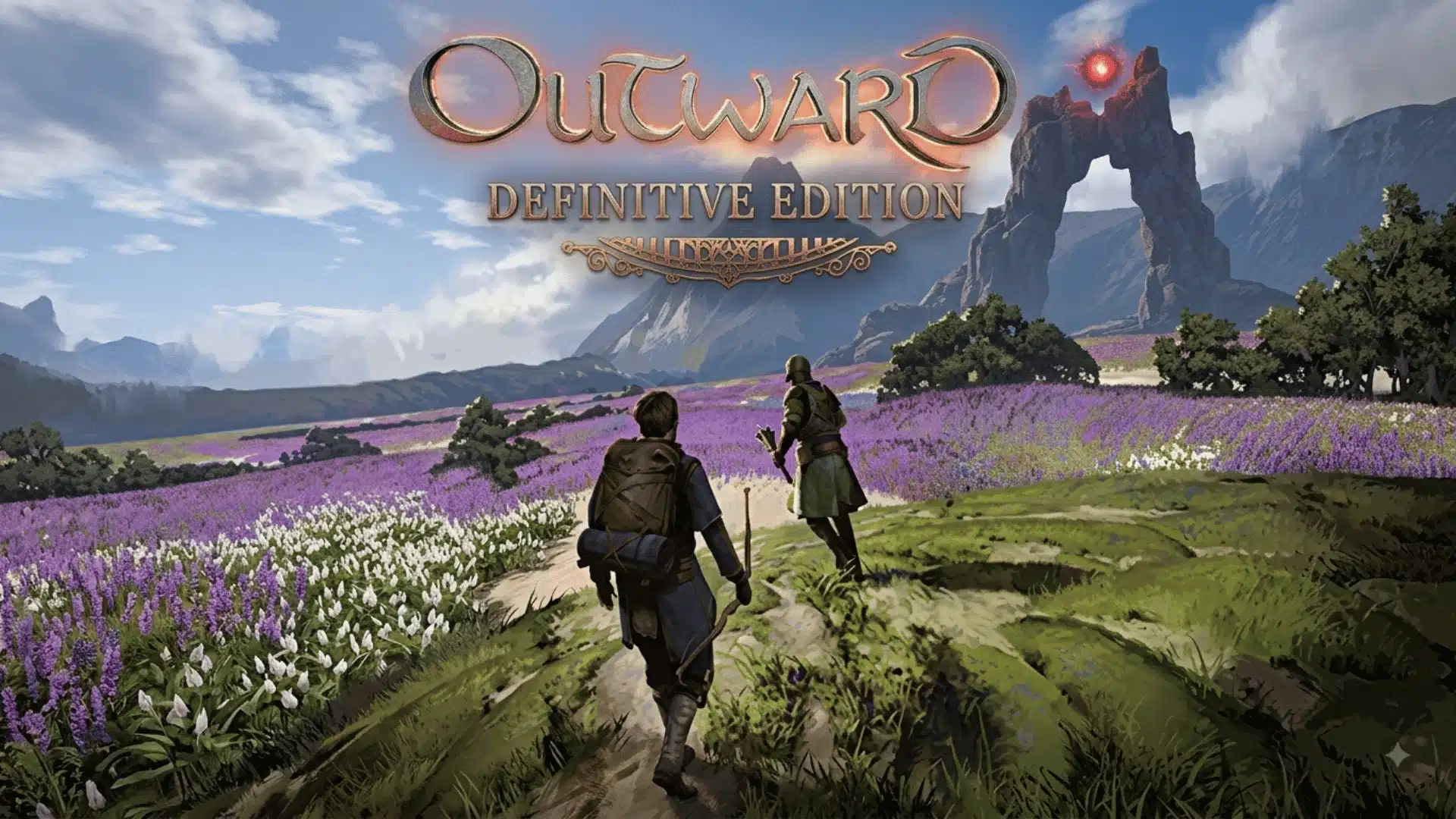 Outward Definitive Edition artwork showing two adventurers walking across a purple landscape beneath distant mountains.