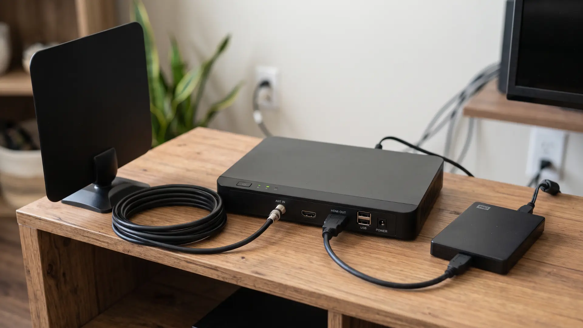 Over-the-air DVR with antenna connection and USB hard drive in a home recording setup