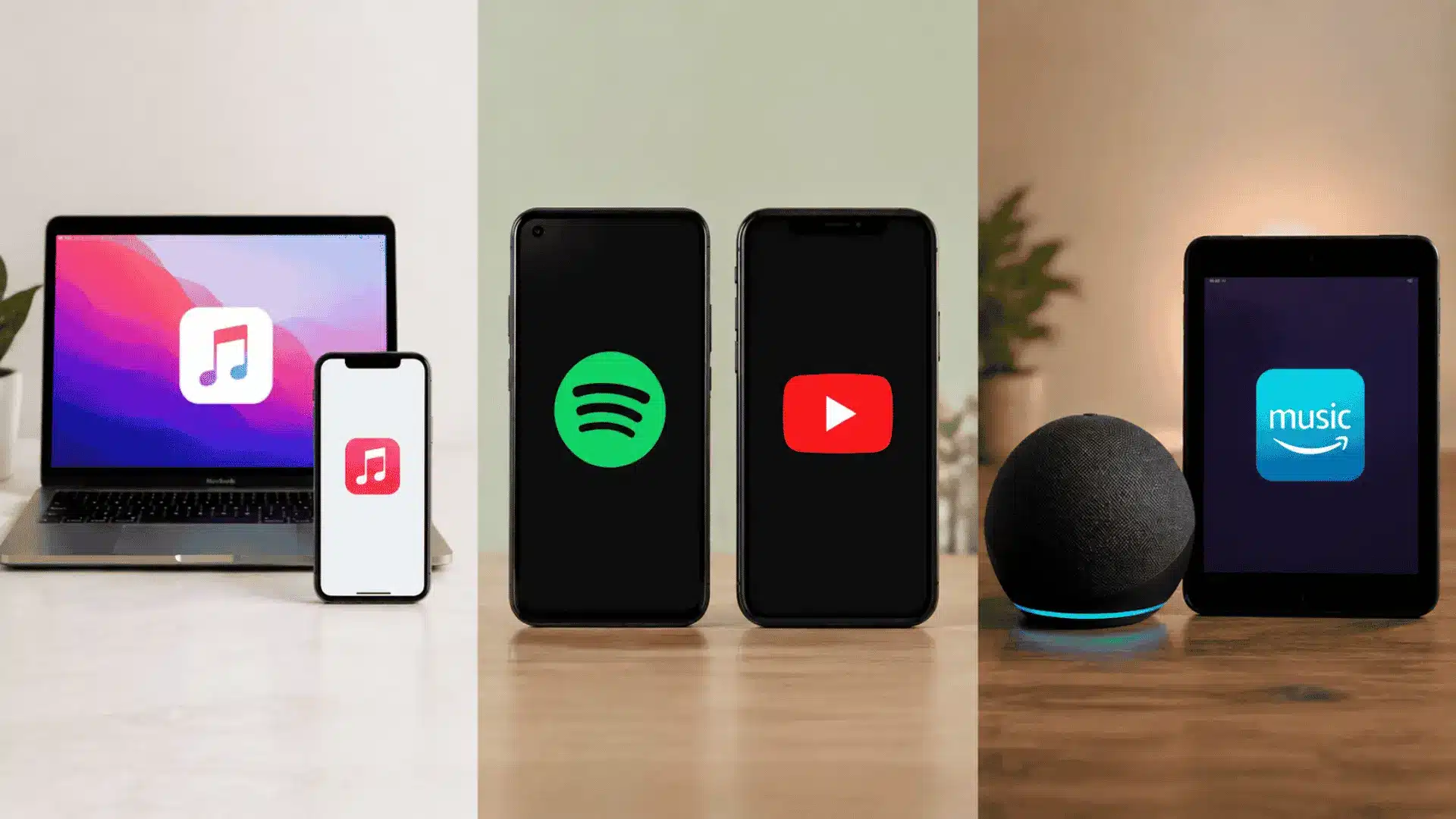 Apple Music devices with laptop and phone, Spotify and YouTube Music phones, and Amazon Music tablet with speaker.
