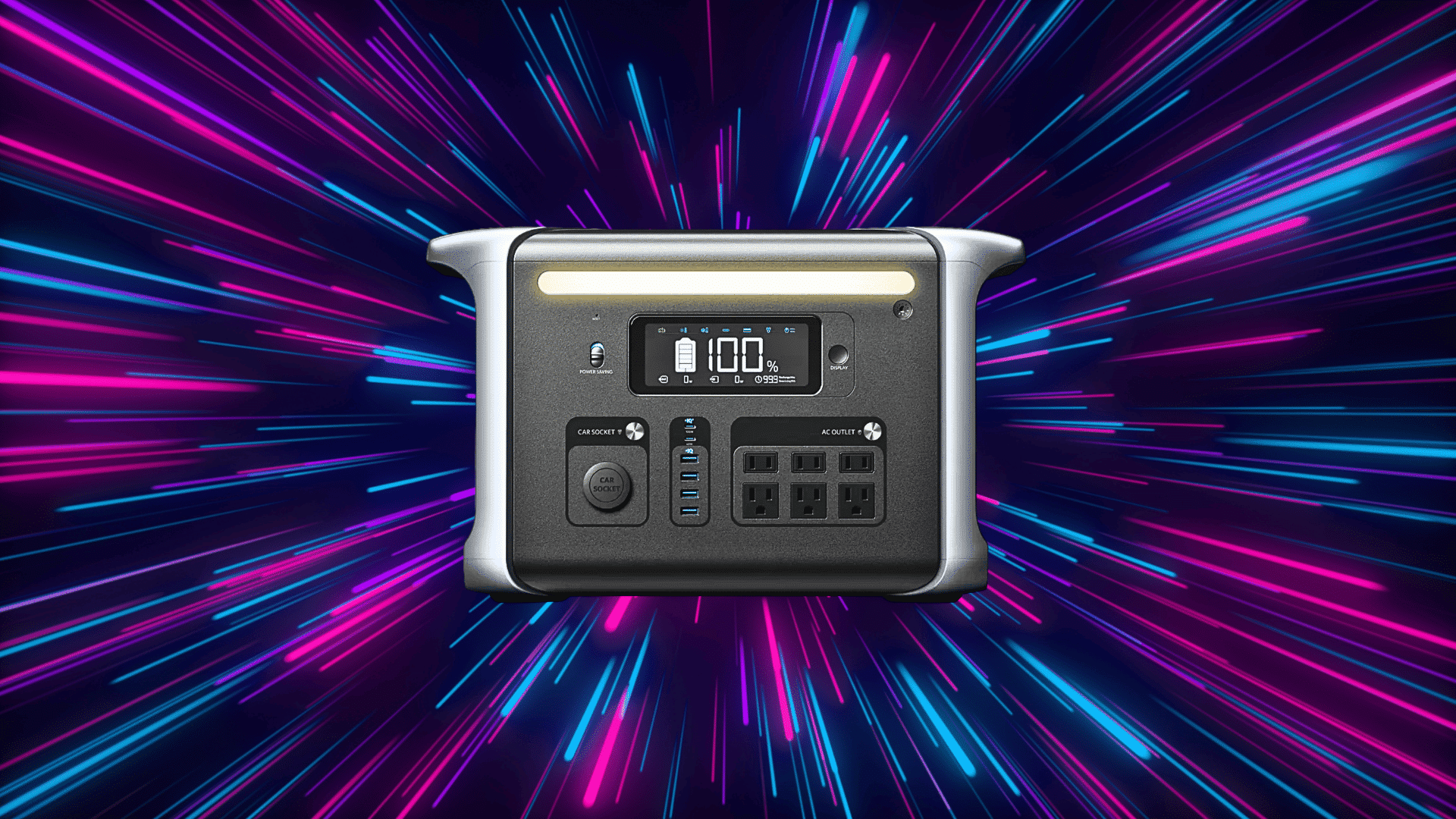 portable power station placed on a neon presentation background showing battery level at 100 percent