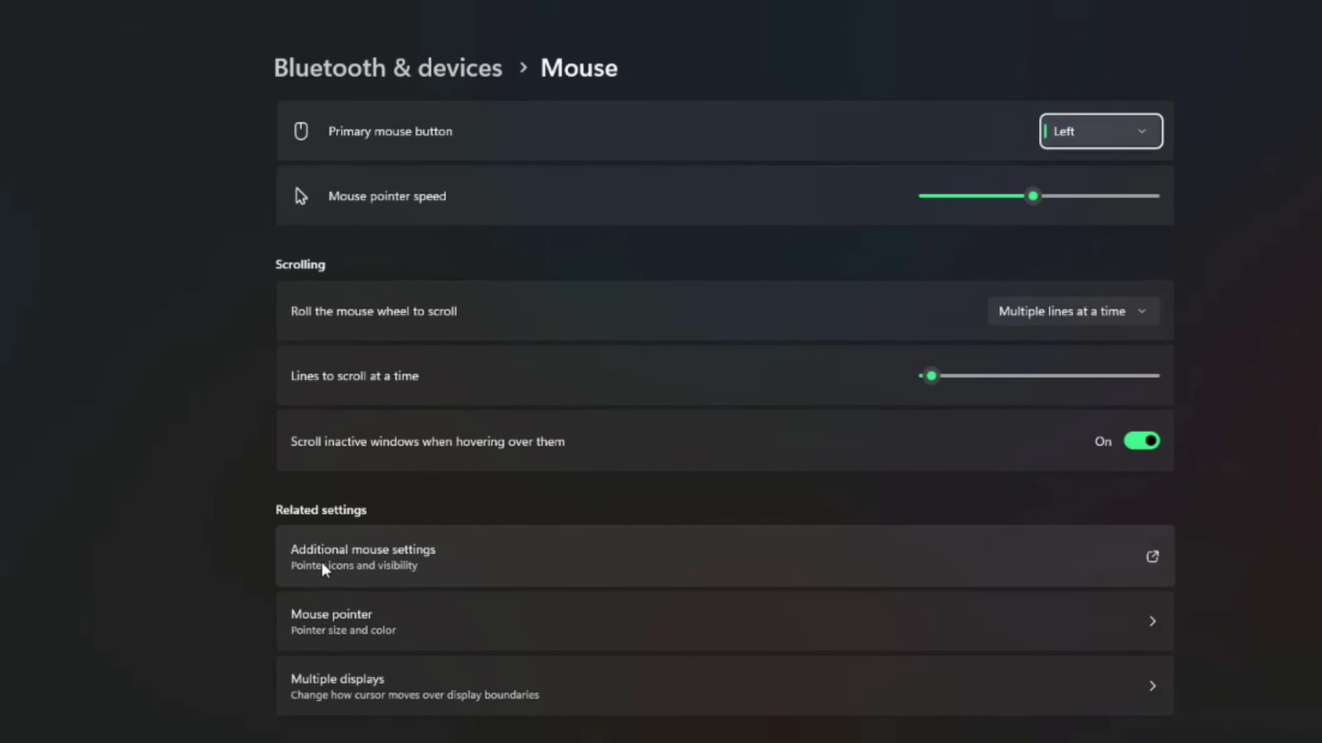 Windows 11 mouse settings showing pointer speed, scrolling, and related options