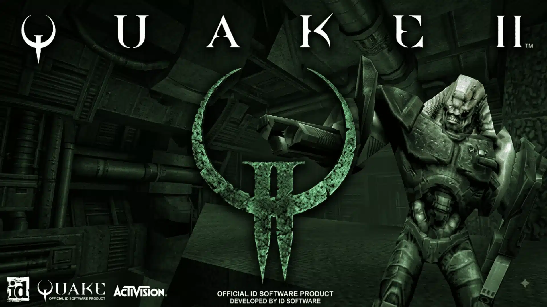 Quake II cover art featuring an armored Strogg soldier with a gun inside a dark industrial sci-fi facility.