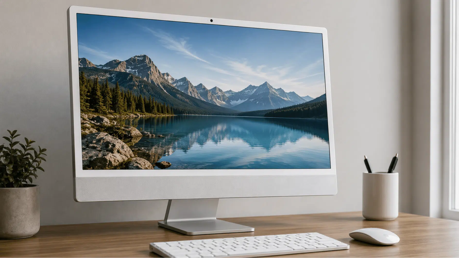 realistic all in one pc on a modern office desk with wireless keyboard mouse and clutter free workspace