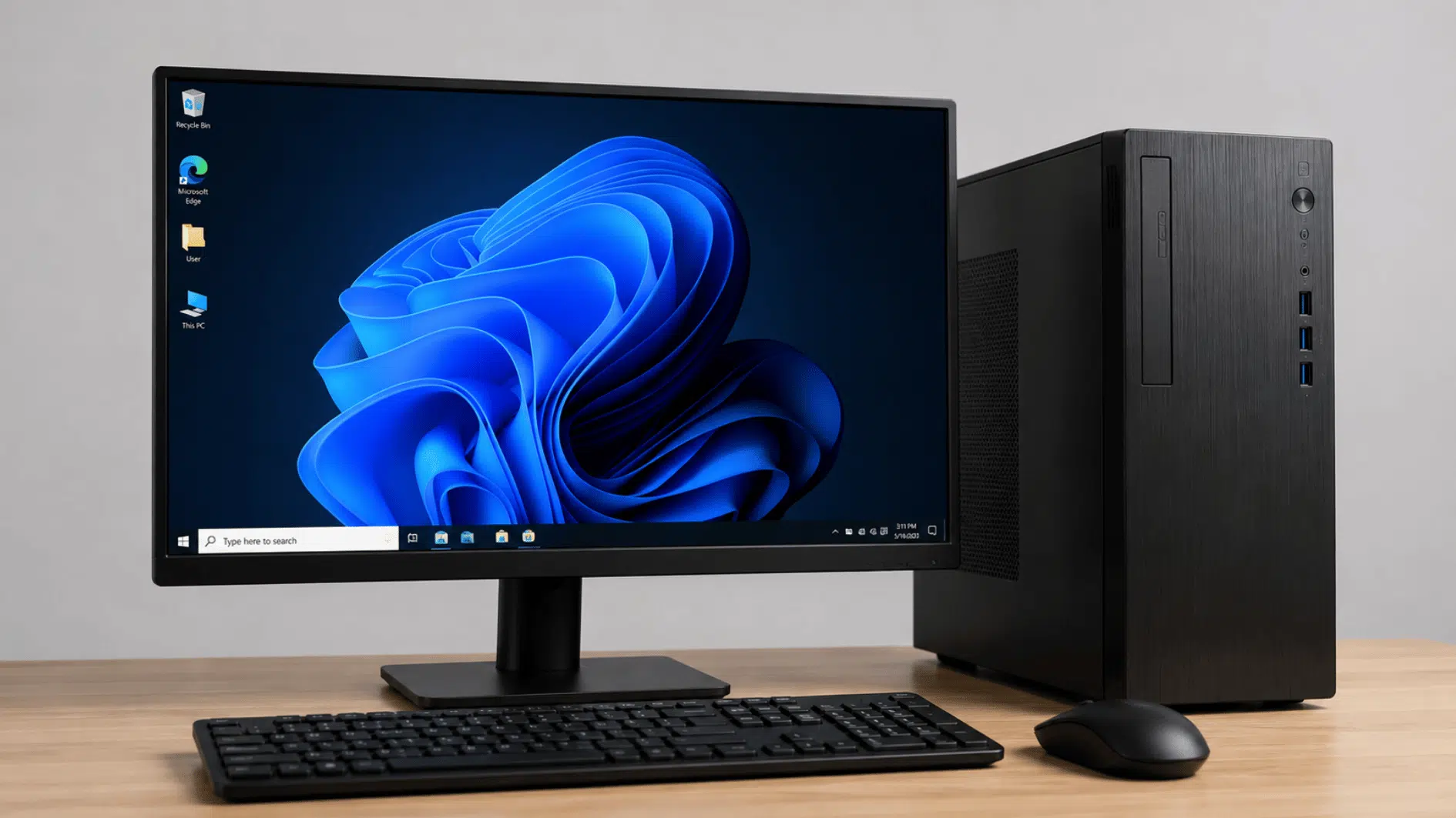 realistic desktop pc with monitor tower keyboard and mouse on a clean modern home office desk in natural daylight