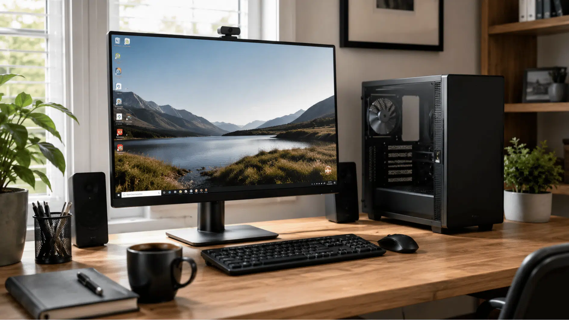 realistic desktop personal computer on a modern home office desk with monitor keyboard mouse and natural daylight workspace