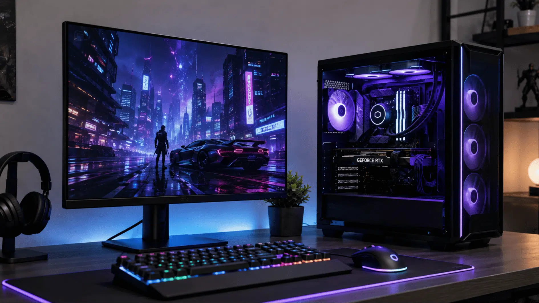realistic gaming pc setup with glass tower dual monitors keyboard mouse and subtle rgb lighting in a modern room