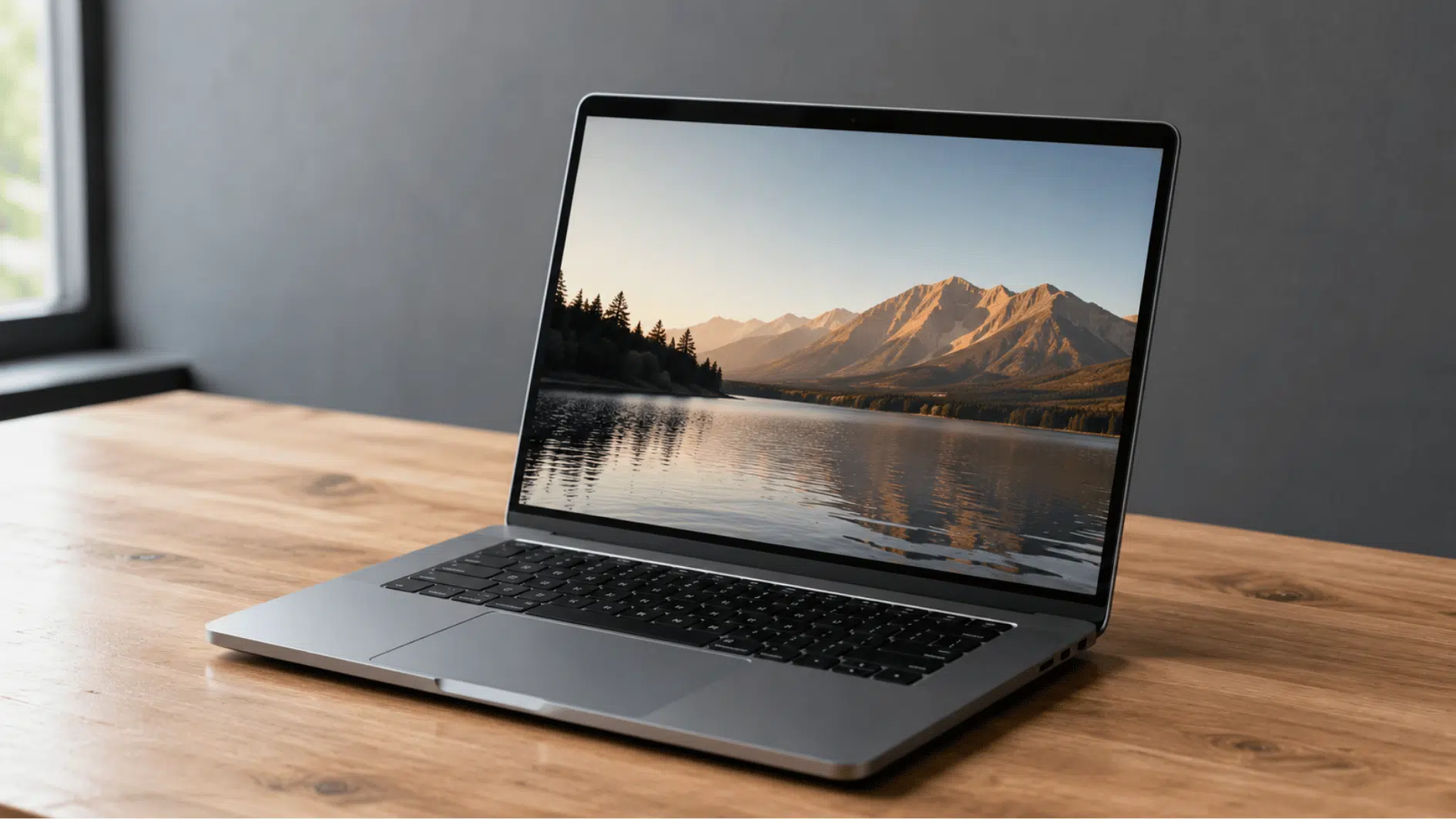 realistic laptop computer on a wooden desk in a bright modern workspace with natural daylight and minimal accessories