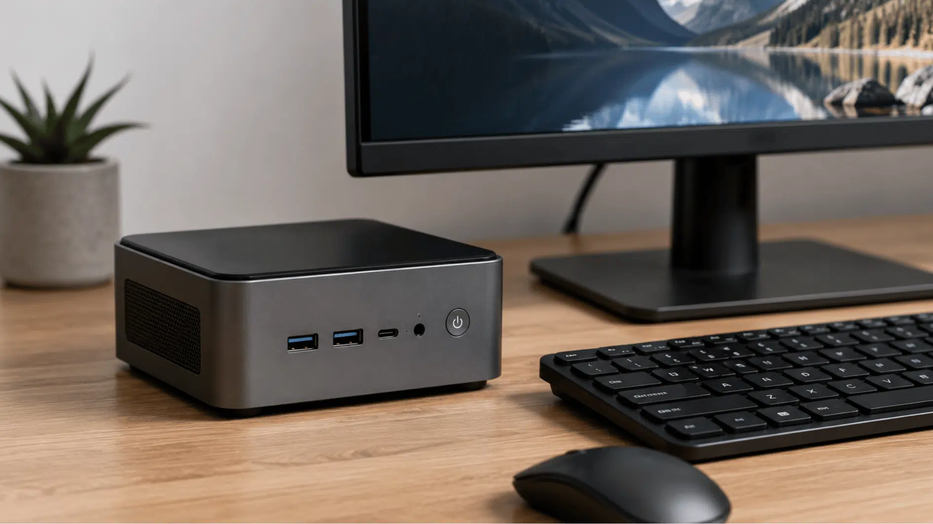 realistic mini pc connected to a widescreen monitor on a compact modern desk with keyboard mouse and natural light