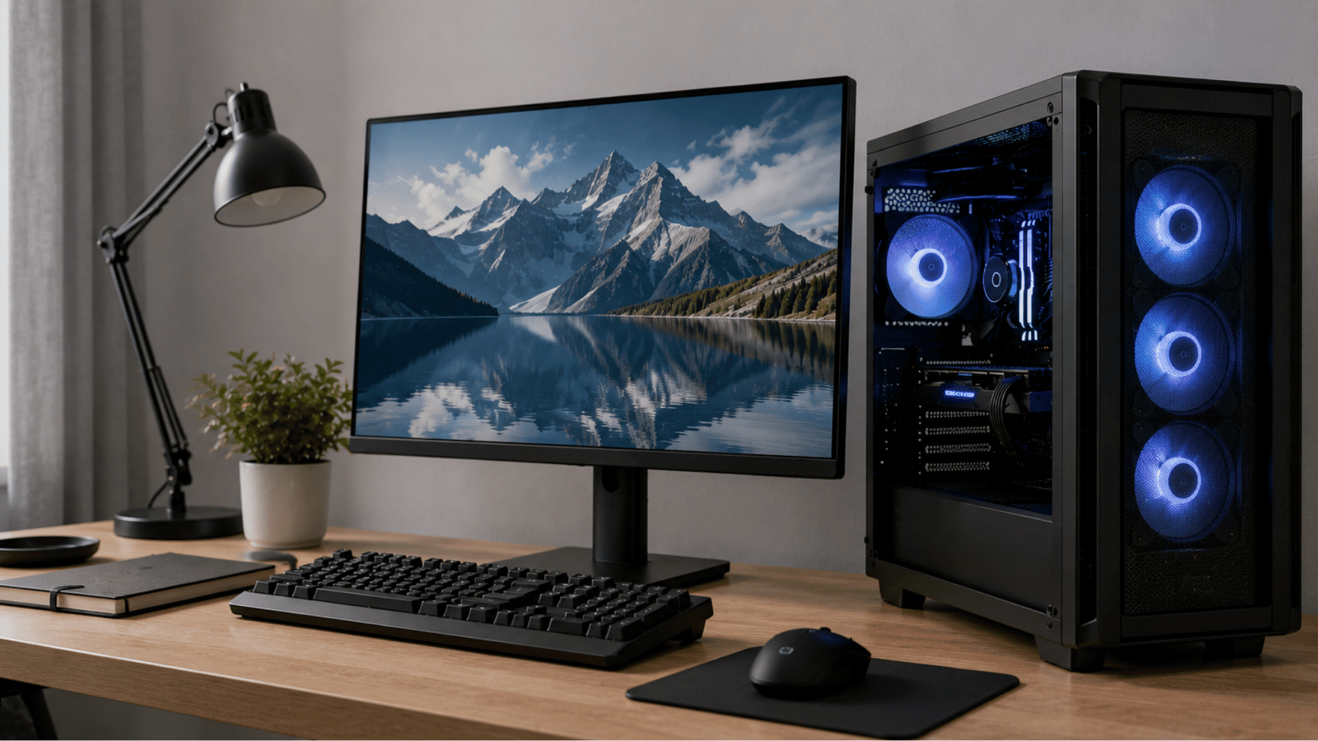 realistic personal computer setup with desktop tower monitor keyboard and mouse on a modern desk in natural daylight