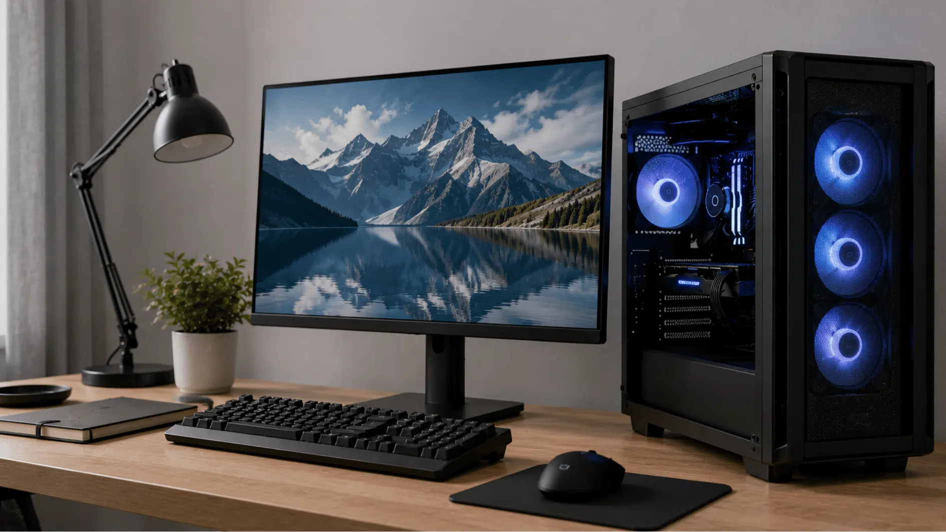 realistic personal computer setup with desktop tower monitor keyboard and mouse on a modern desk in natural daylight