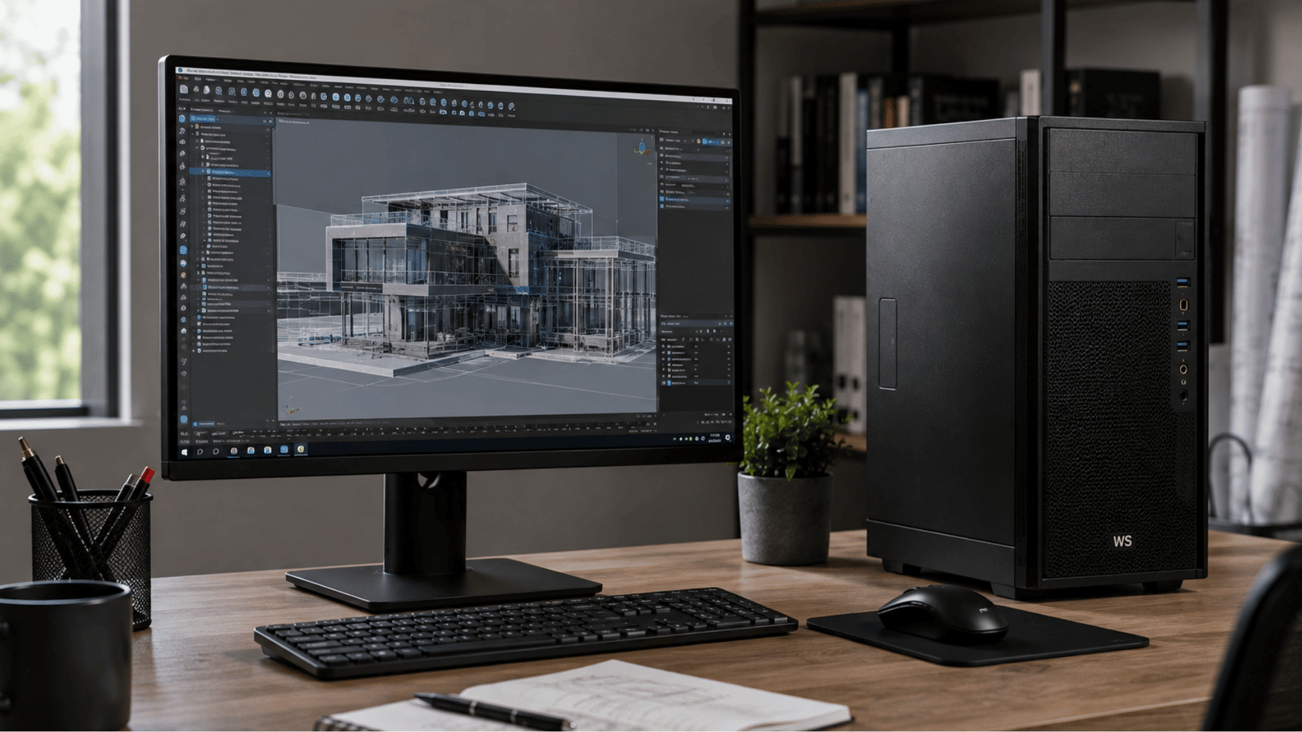realistic workstation pc with large monitor desktop tower and professional creative workspace in natural daylight