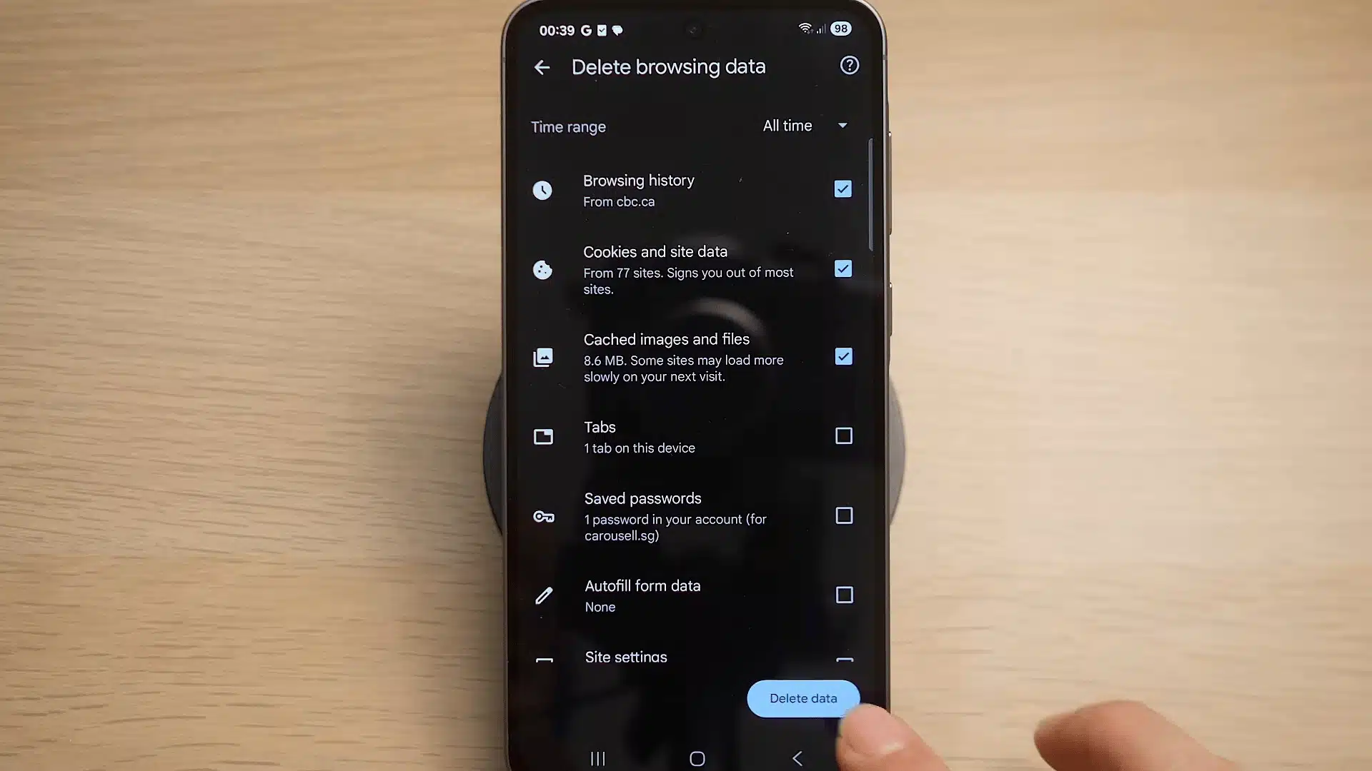 Chrome Delete data button used to remove cached files and browsing data
