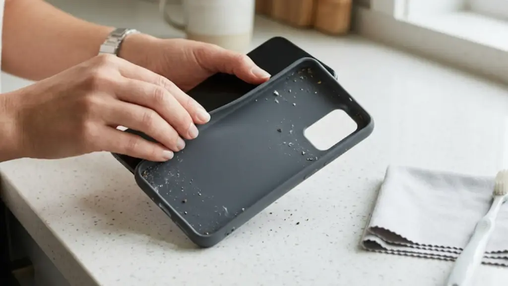 close-up shot of hands removing a smartphone from a dusty case beside a microfiber cloth and toothbrush
