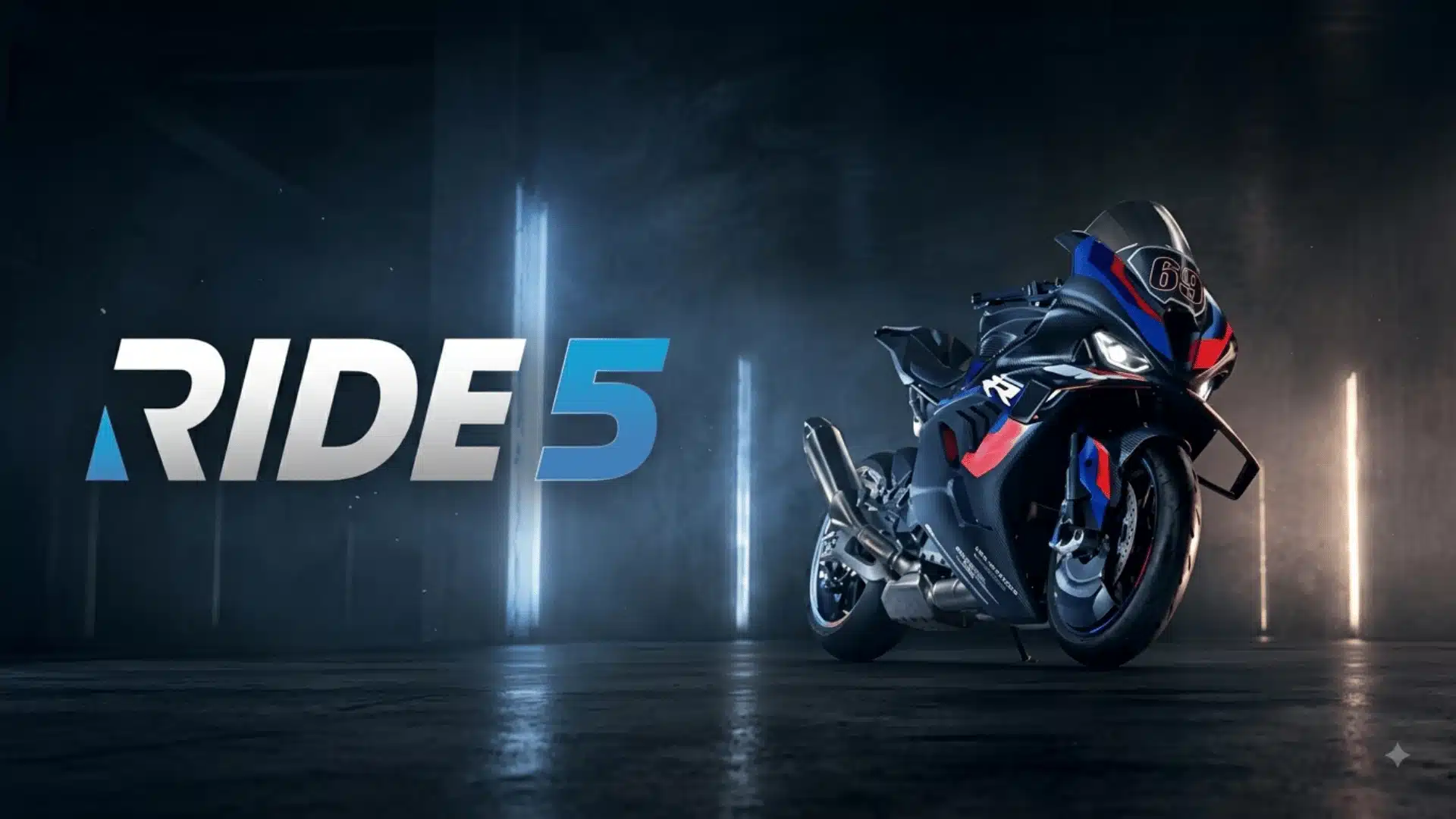 RIDE 5 promotional artwork featuring a sleek sport motorcycle beside the game logo against a dark background.