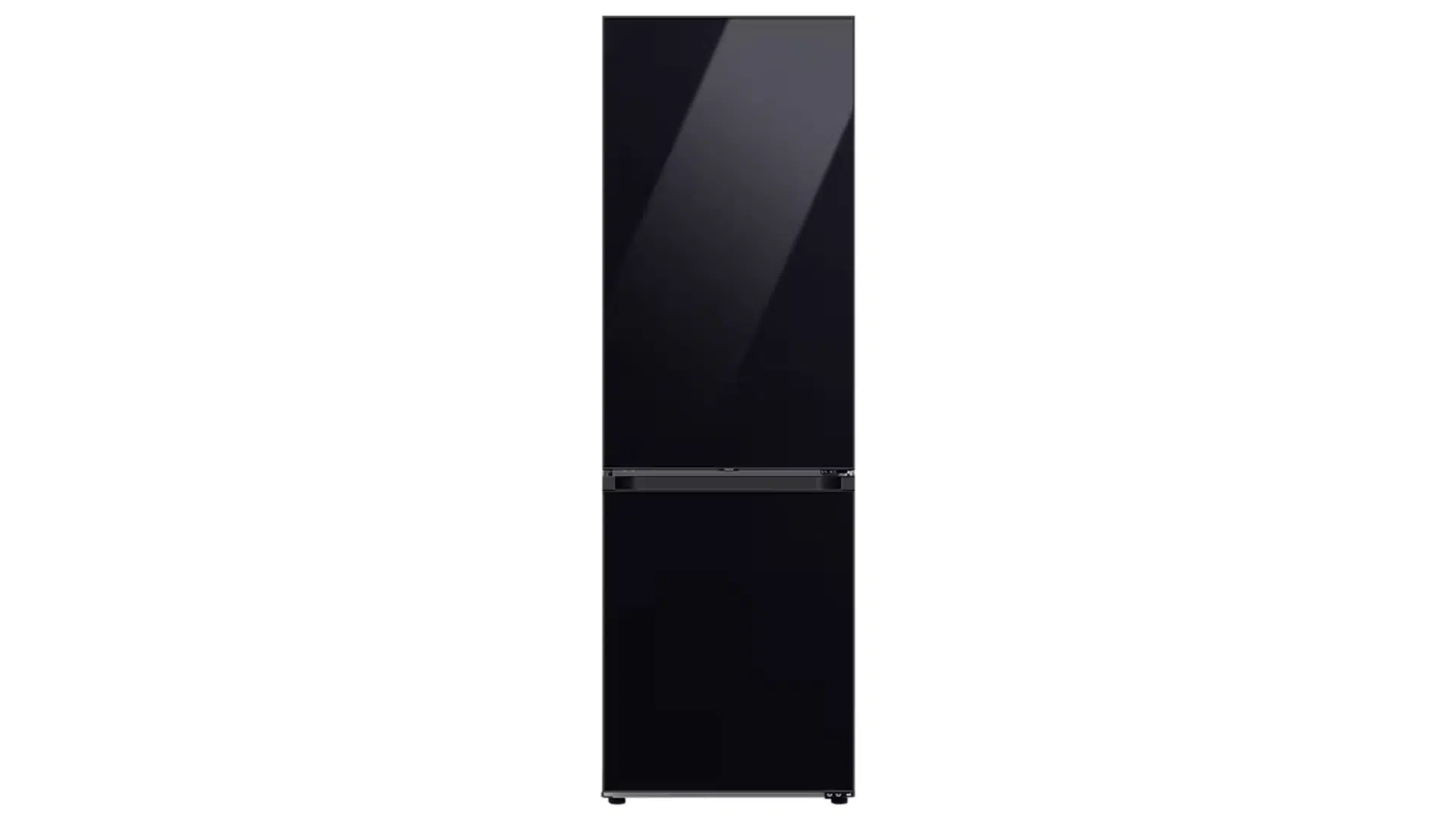 samsung bottom freezer refrigerator exterior view with two doors and black stainless steel body