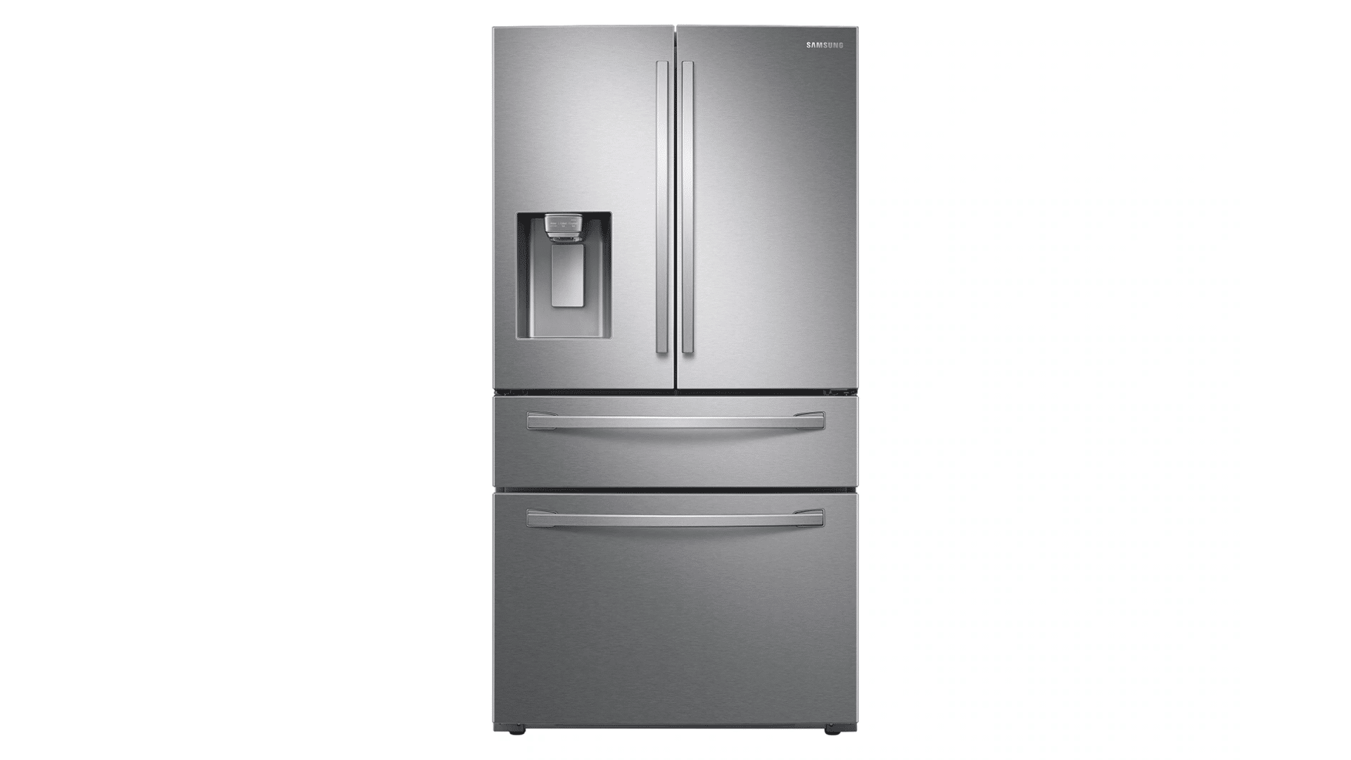 samsung french door refrigerator exterior view with four doors and grey stainless steel body