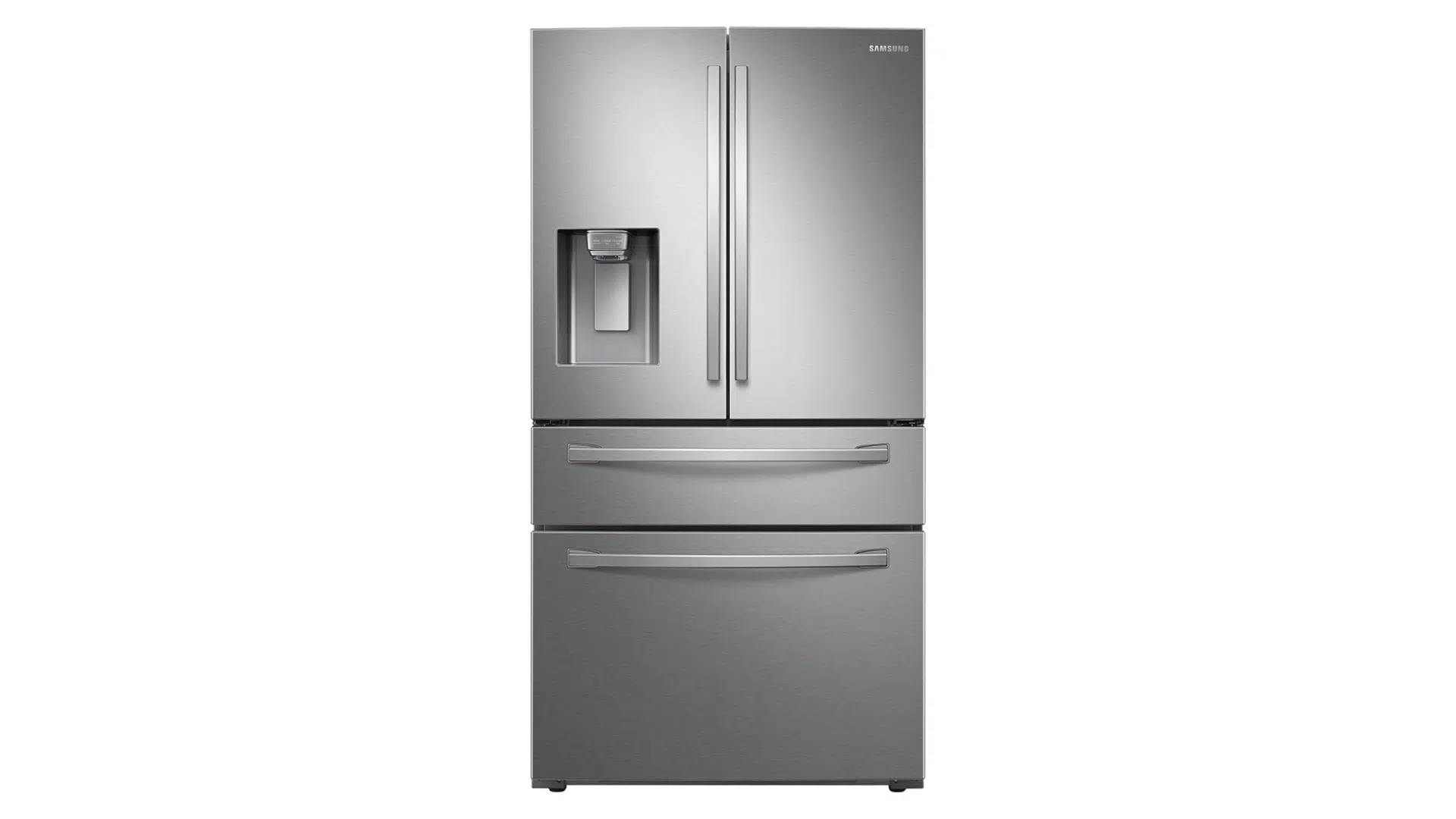 samsung french door refrigerator exterior view with four doors and grey stainless steel body