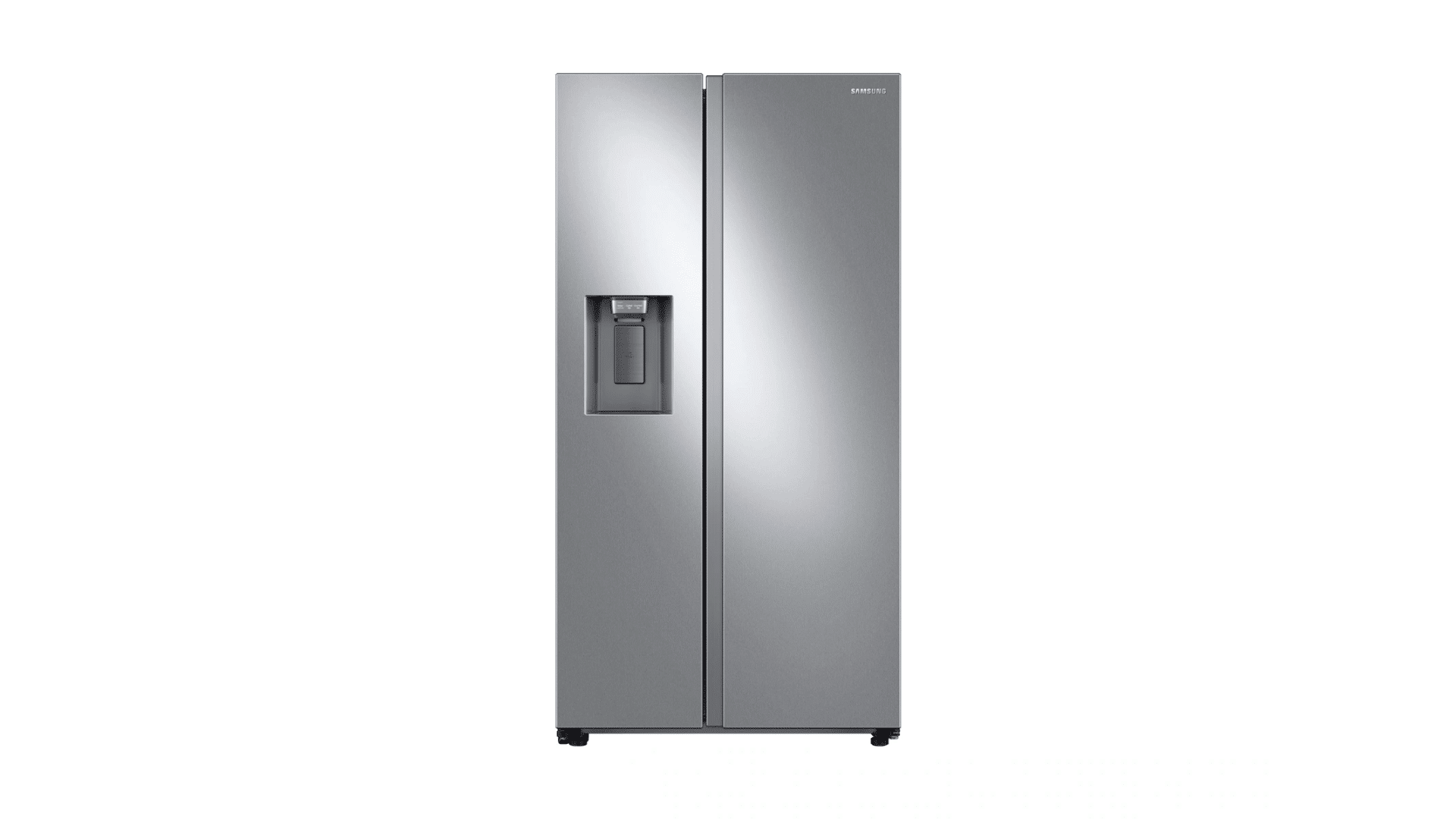 samsung side by side door refrigerator exterior view with two doors and grey stainless steel body