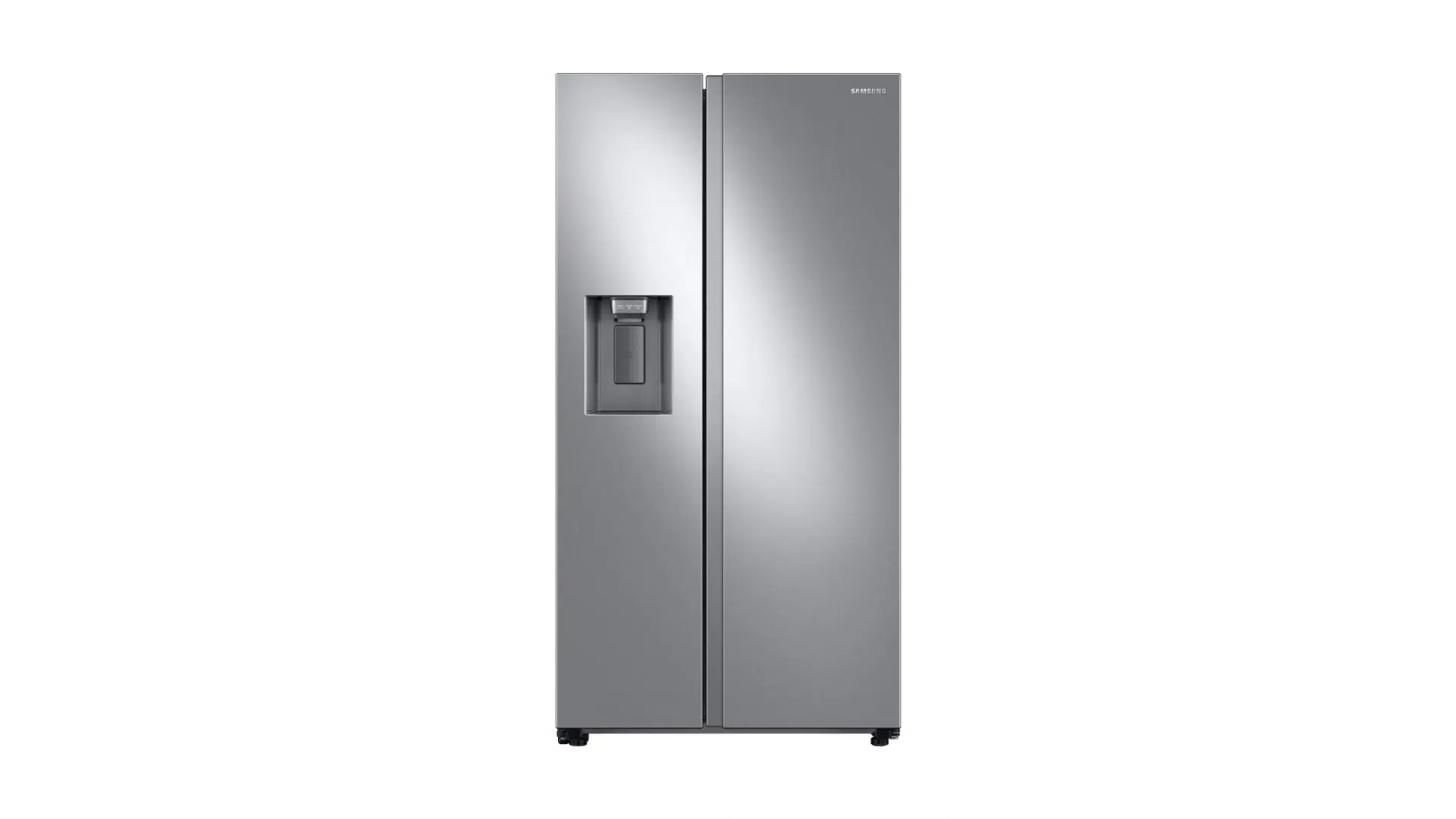samsung side by side door refrigerator exterior view with two doors and grey stainless steel body