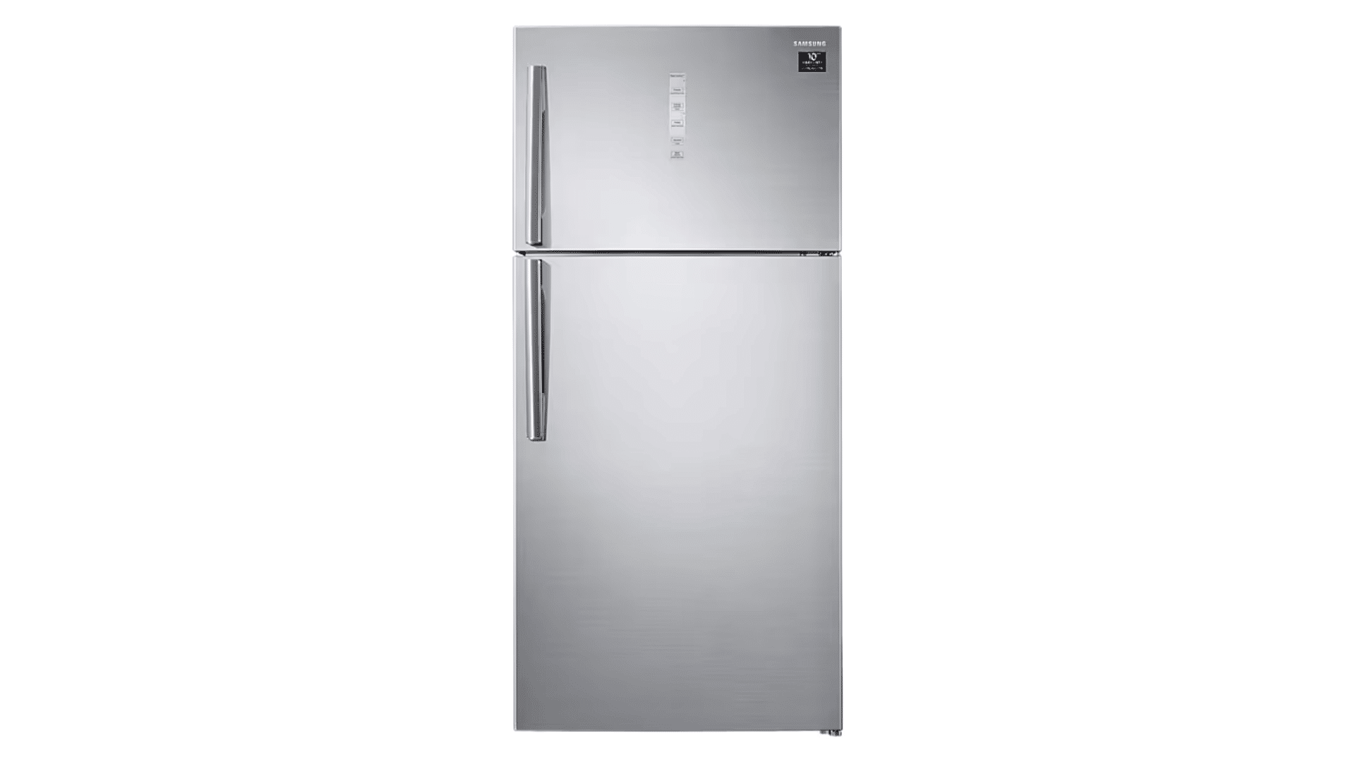 samsung top freezer refrigerator exterior view with two doors and grey steel body
