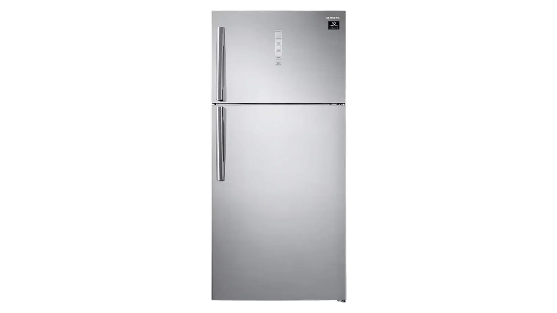 samsung top freezer refrigerator exterior view with two doors and grey steel body