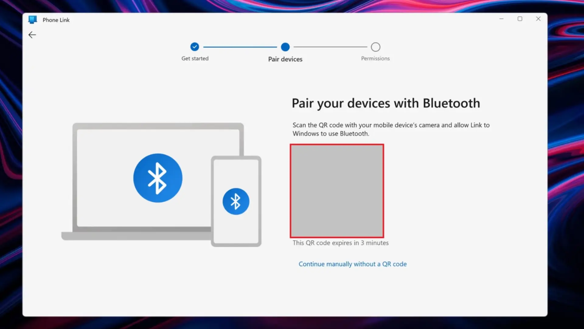 iPhone camera scanning Phone Link QR code with a six-digit pairing code shown on screen for confirming the Bluetooth connection